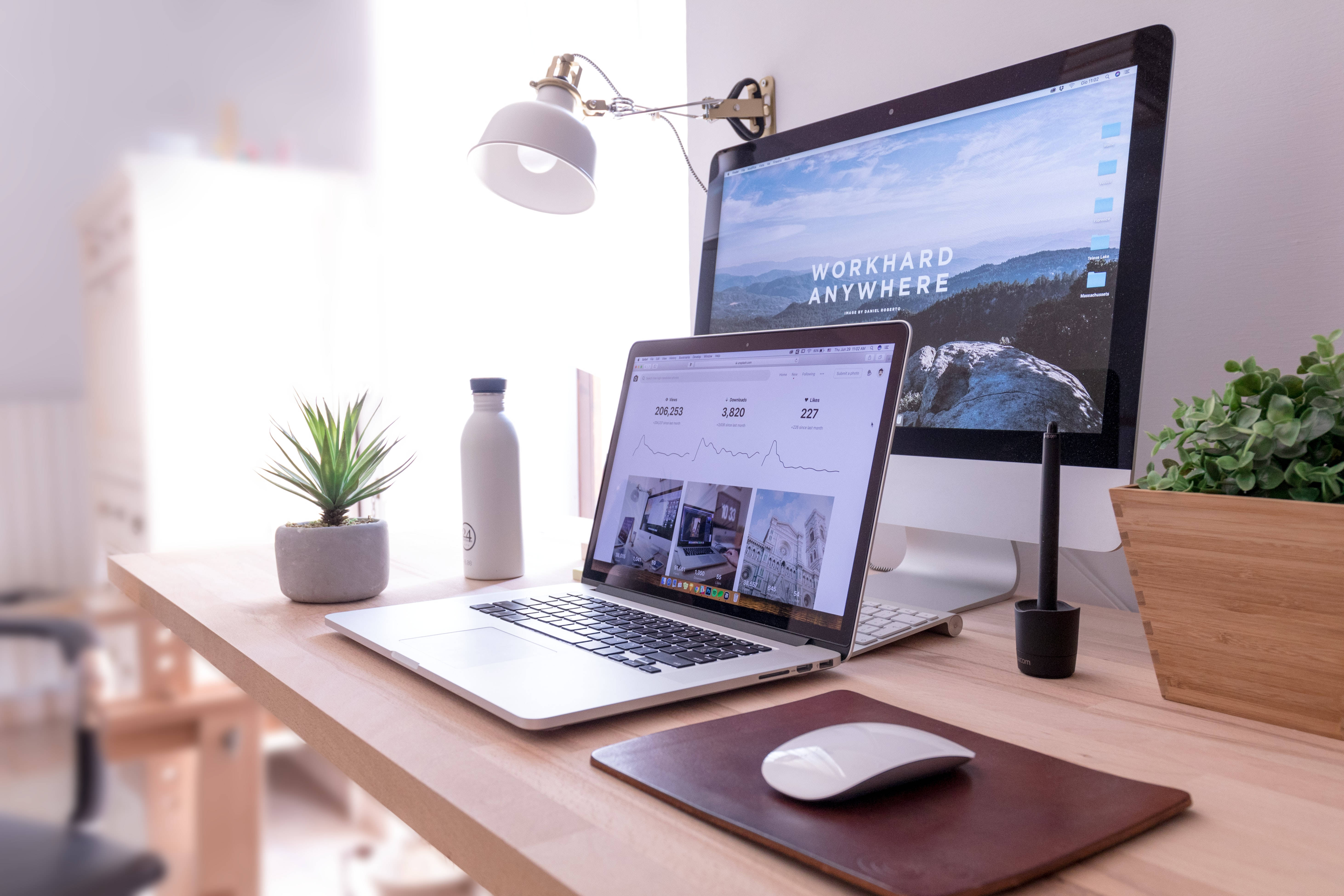 pastel aesthetic, wooden desk, laptop, 5K Desktop Wallpaper