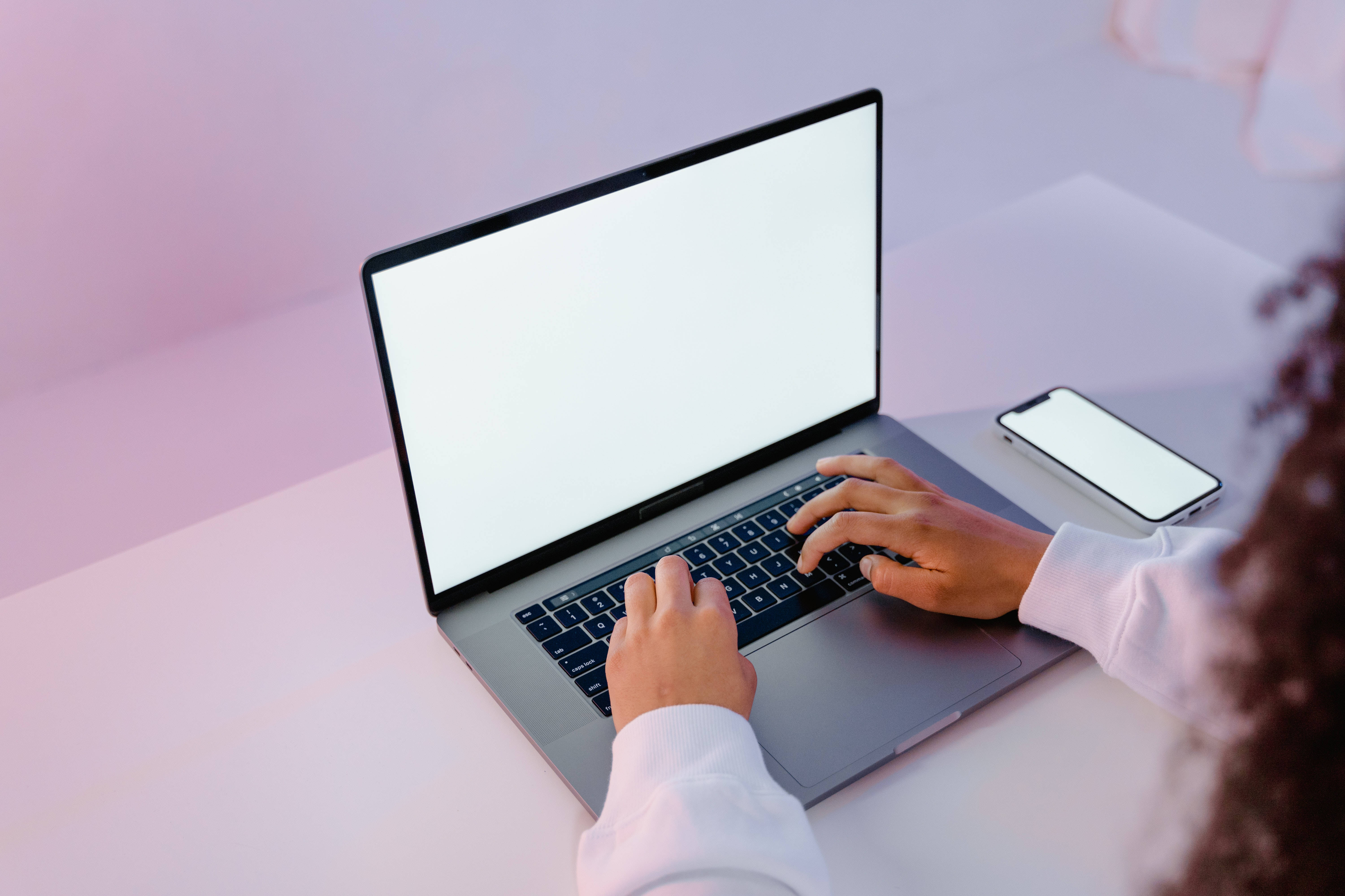 silver laptop, blank screen, smartphone, 5K Desktop Wallpaper