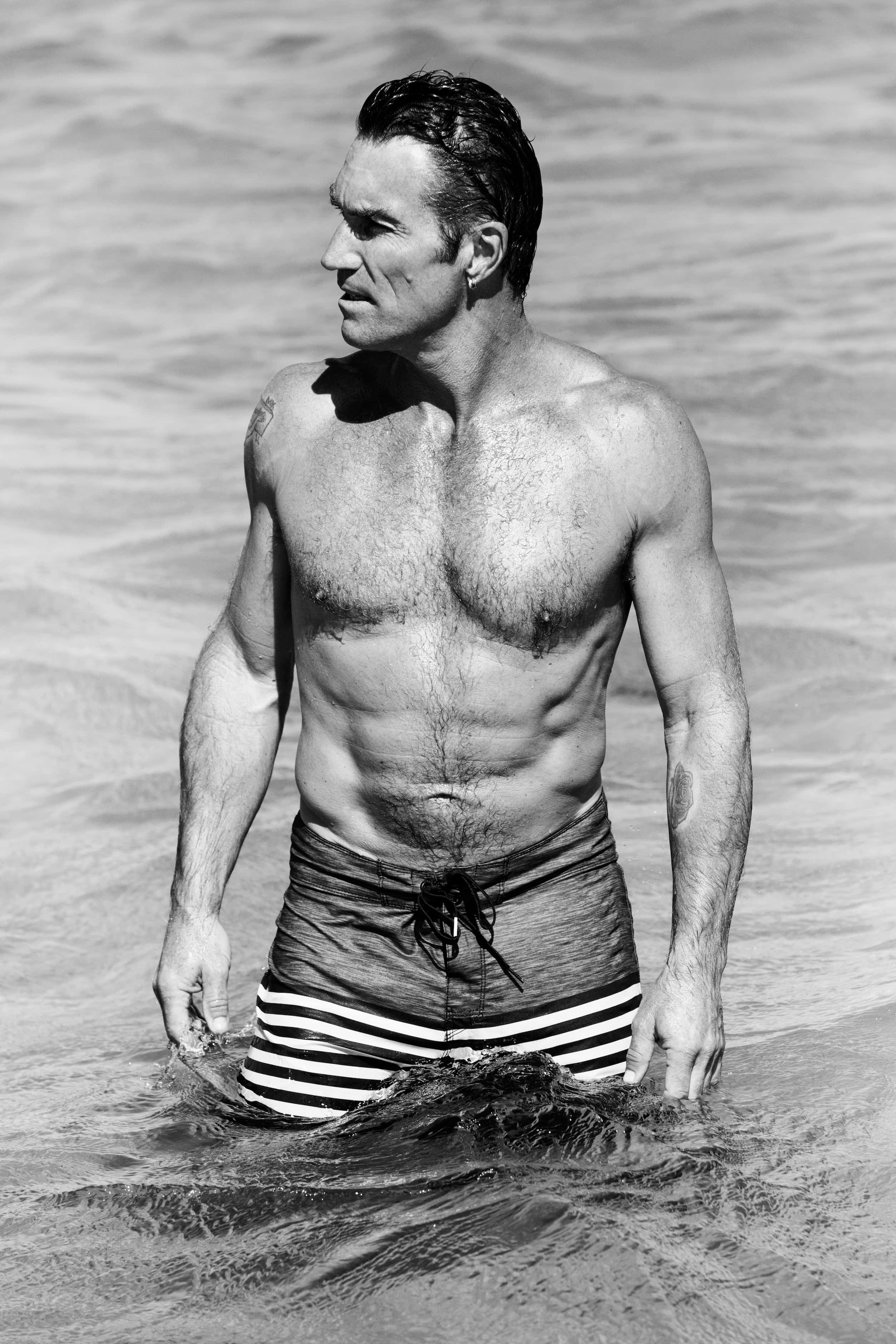 Pat Cash, black and white photo, striped swim trunks, 2K Phone Wallpaper