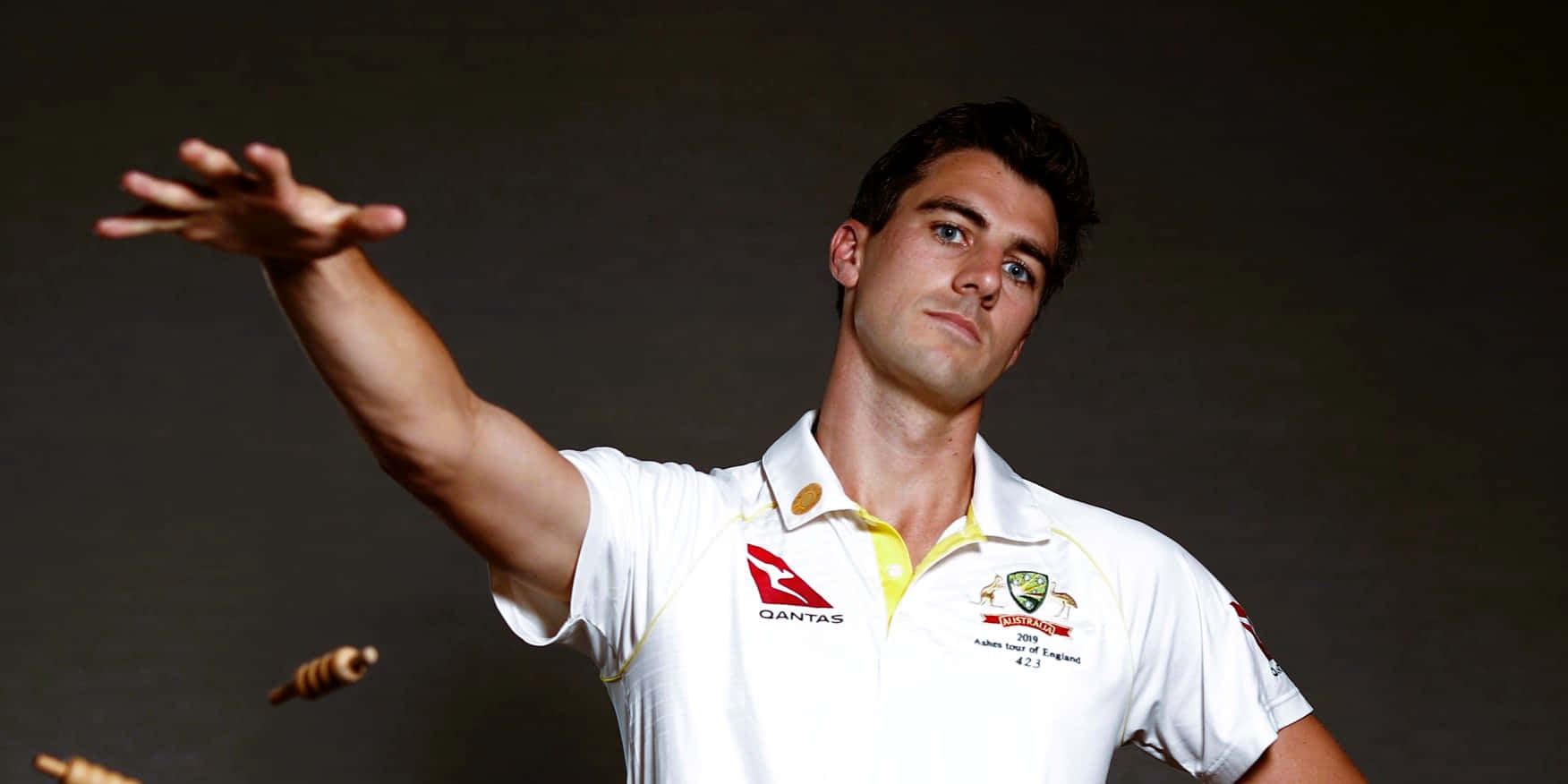 Pat Cummins, white uniform, wooden cricket bats, HD Desktop Wallpaper
