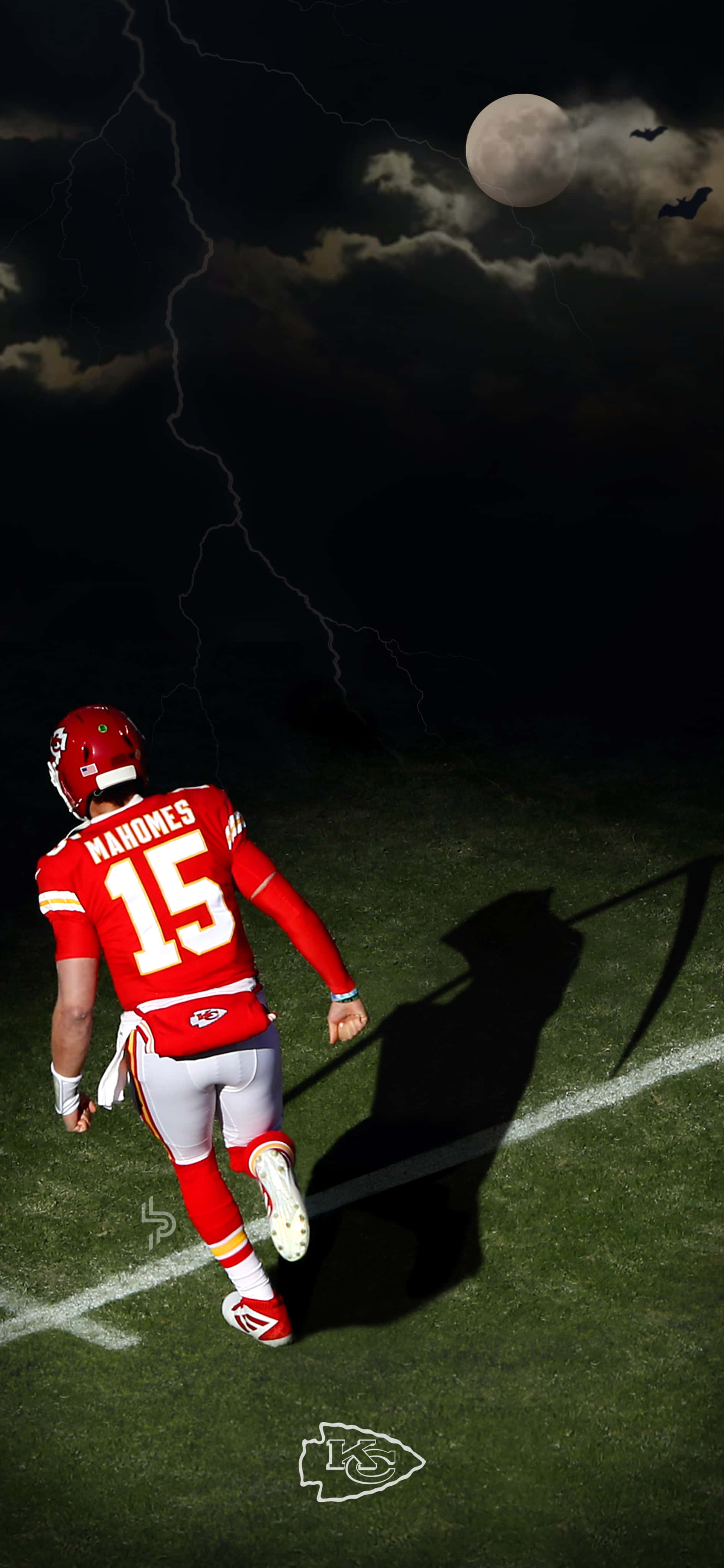 Pat Mahomes, red jersey, stormy night sky, 4K Phone Wallpaper