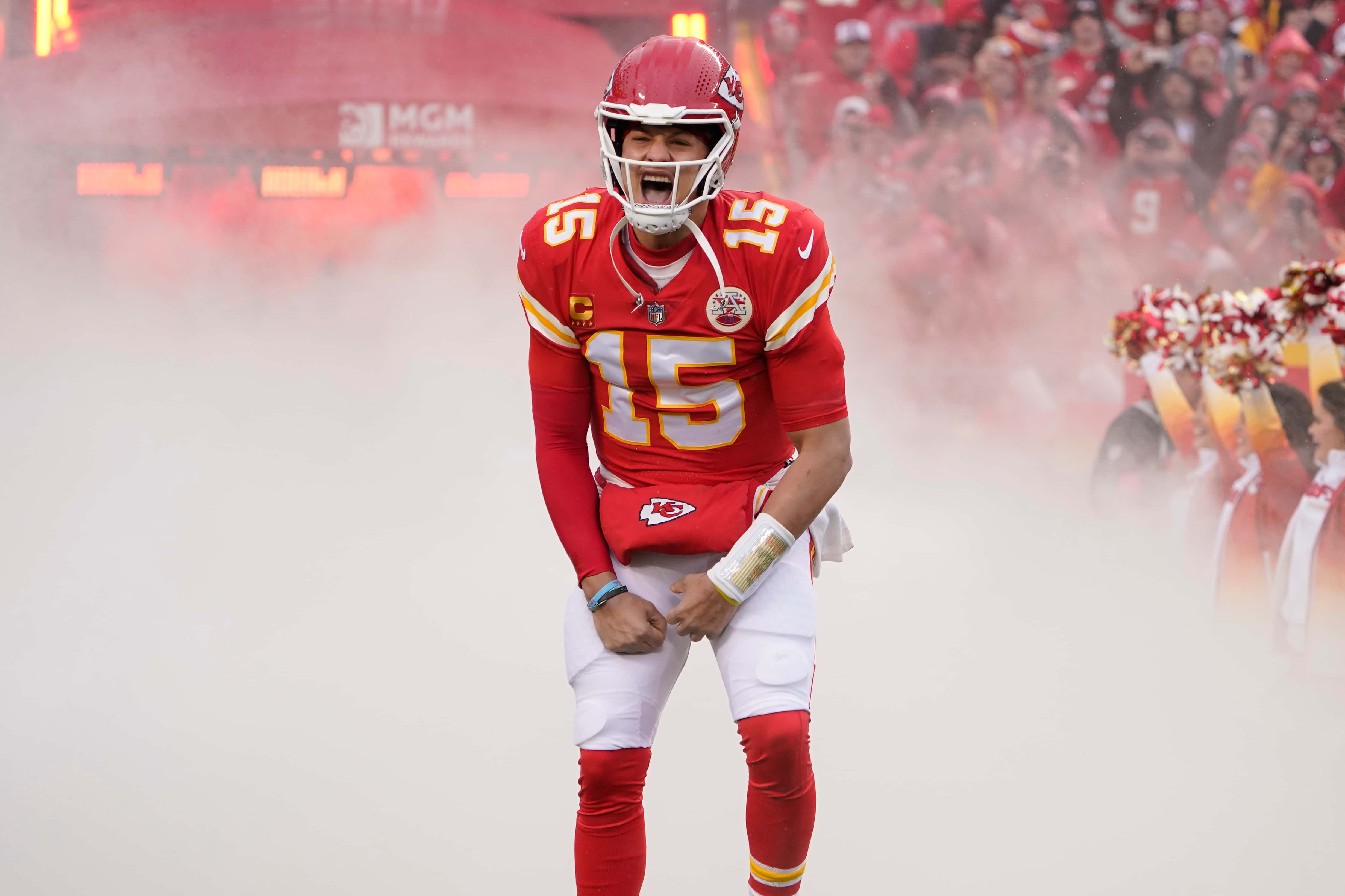 Pat Mahomes, red jersey number 15, smoke on the field, 4K Desktop Wallpaper