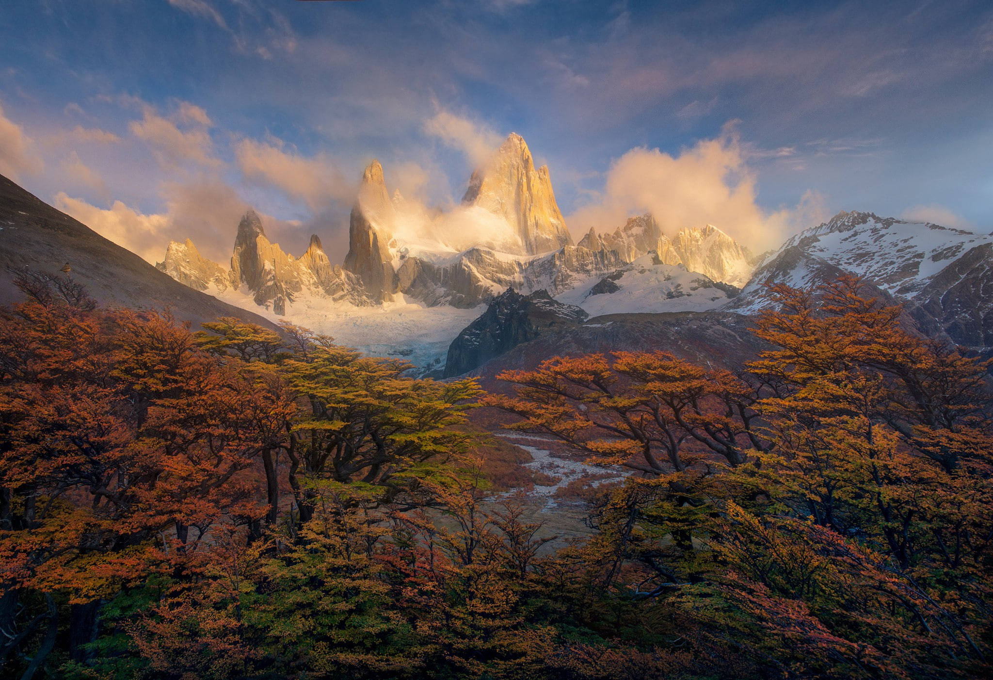Patagonia, snowcapped mountain peak, clouds, Full HD Desktop Wallpaper