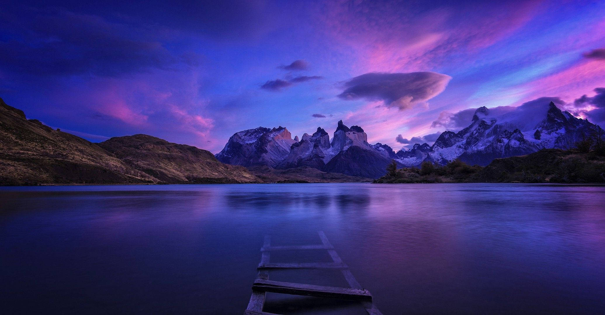 Patagonia, neon purple sky, calm lake, Full HD Desktop Wallpaper
