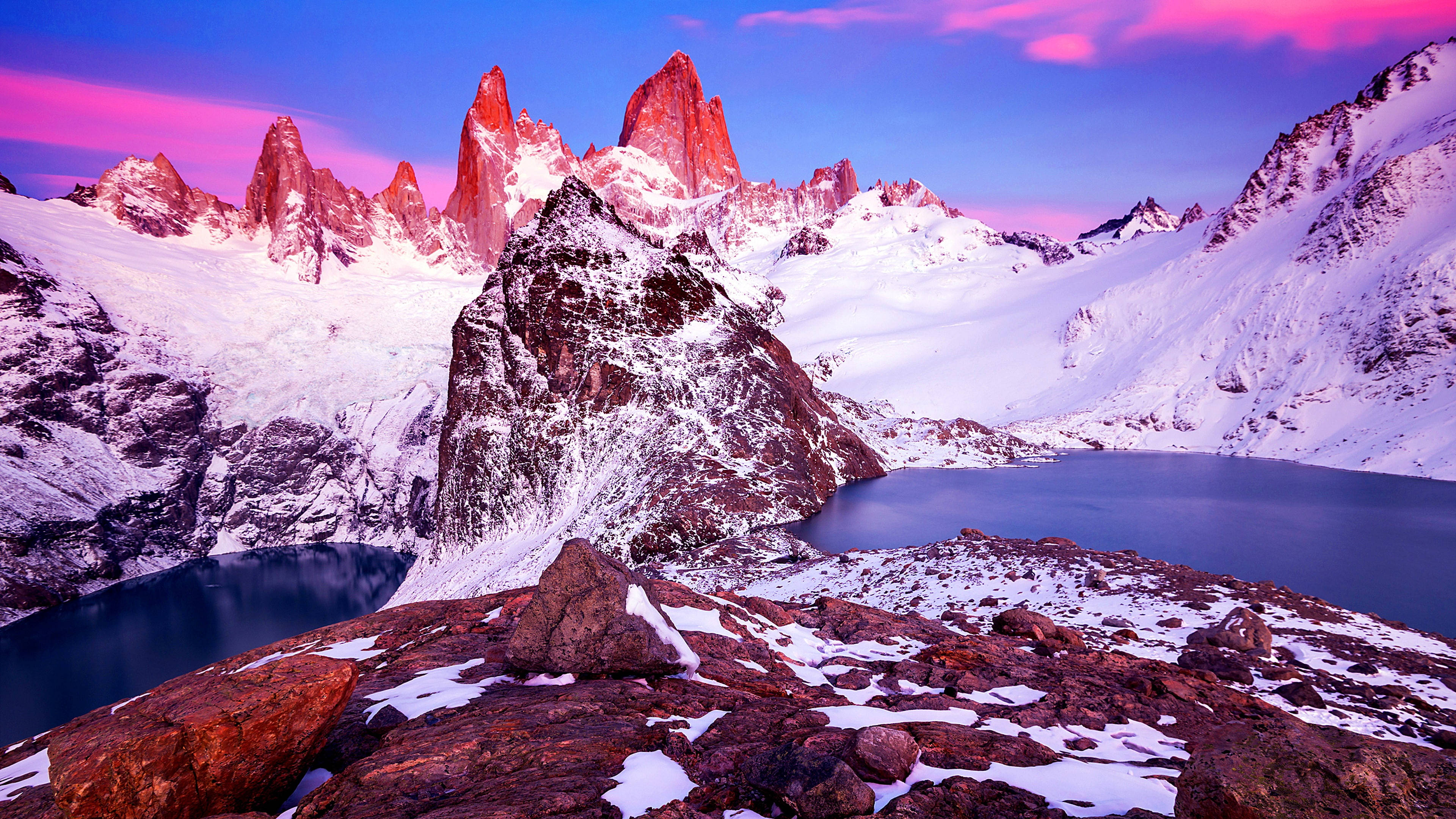 Patagonia, snowcapped jagged peaks, pink and purple, 4K Desktop Wallpaper