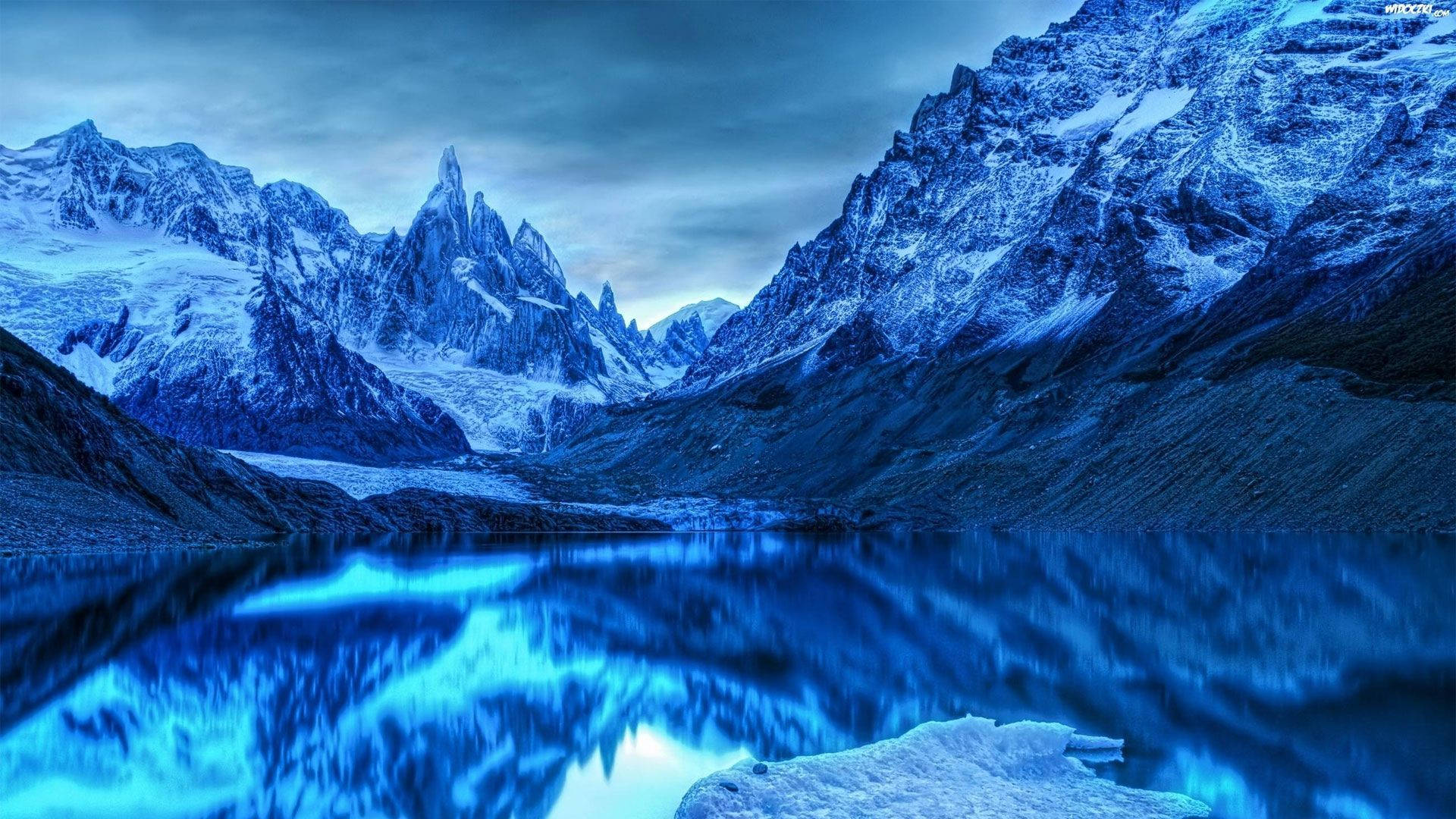 Patagonia, monochromatic blue, mountain lake, Full HD Desktop Wallpaper