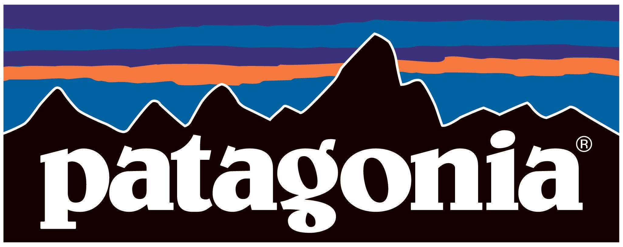 Patagonia, stylized mountain logo, blue orange stripes, Full HD Desktop Wallpaper