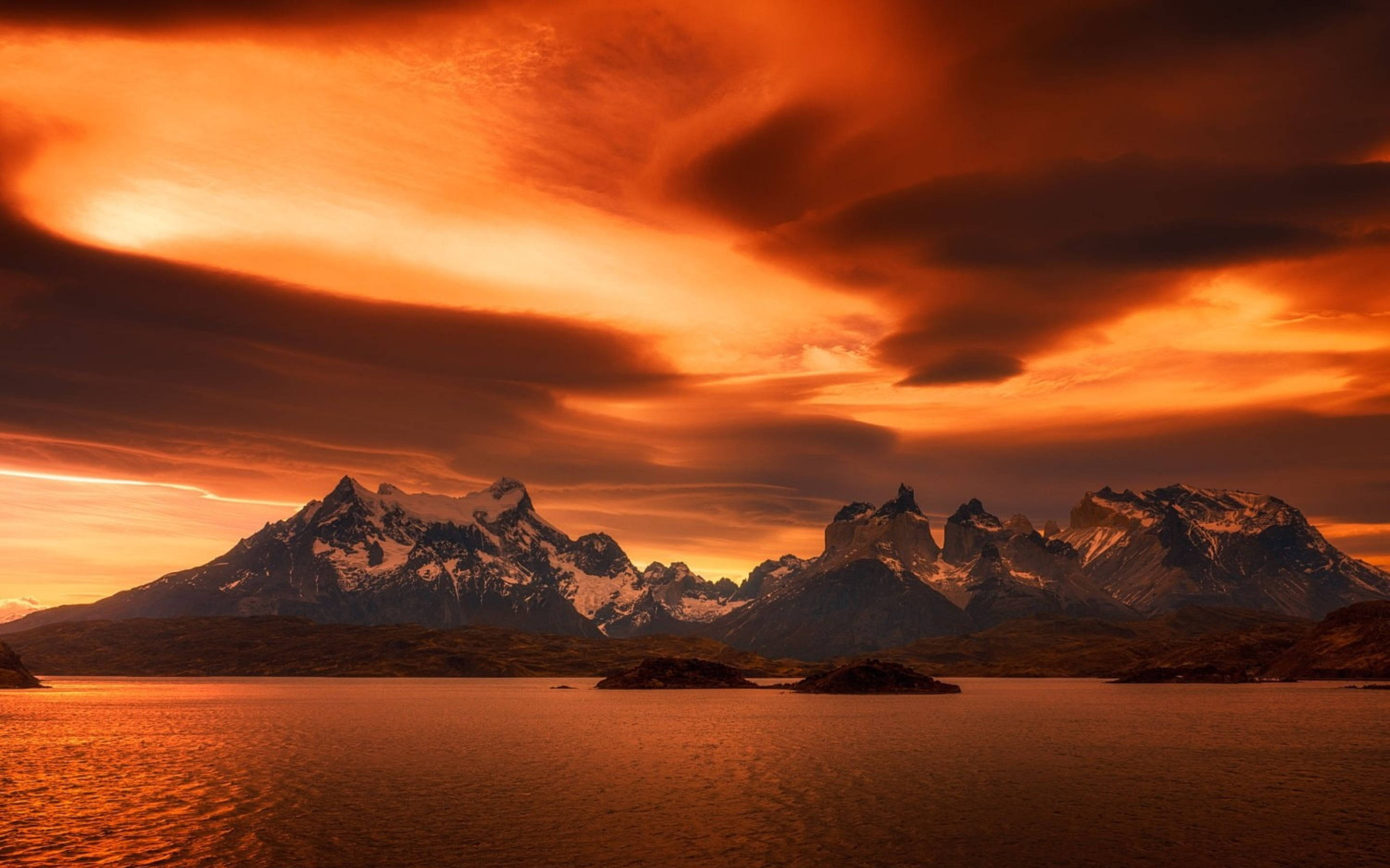 Patagonia, orange sky, sunset, 2K Desktop Wallpaper