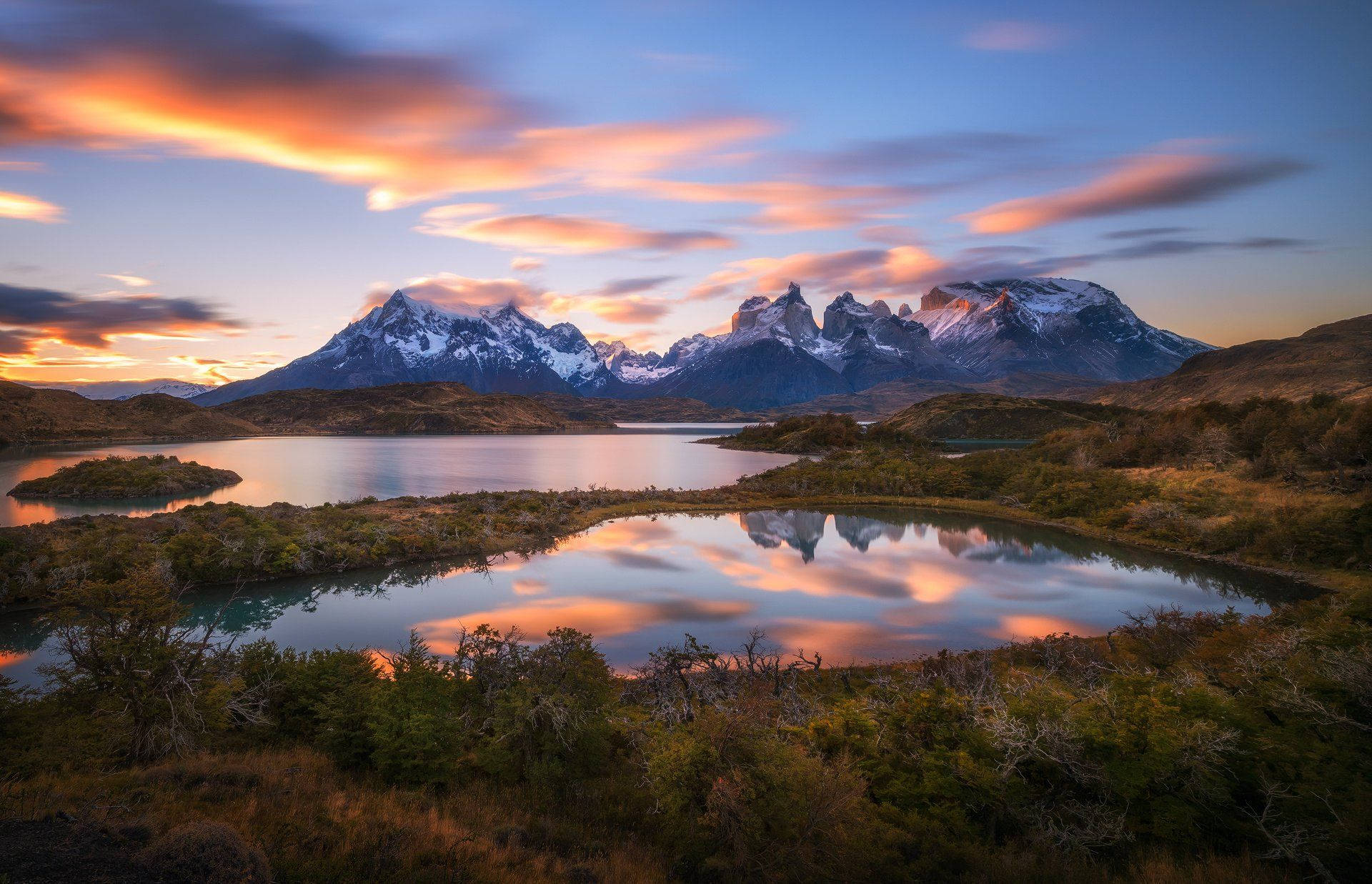 Patagonia, snowcapped mountains, calm waters, Full HD Desktop Wallpaper