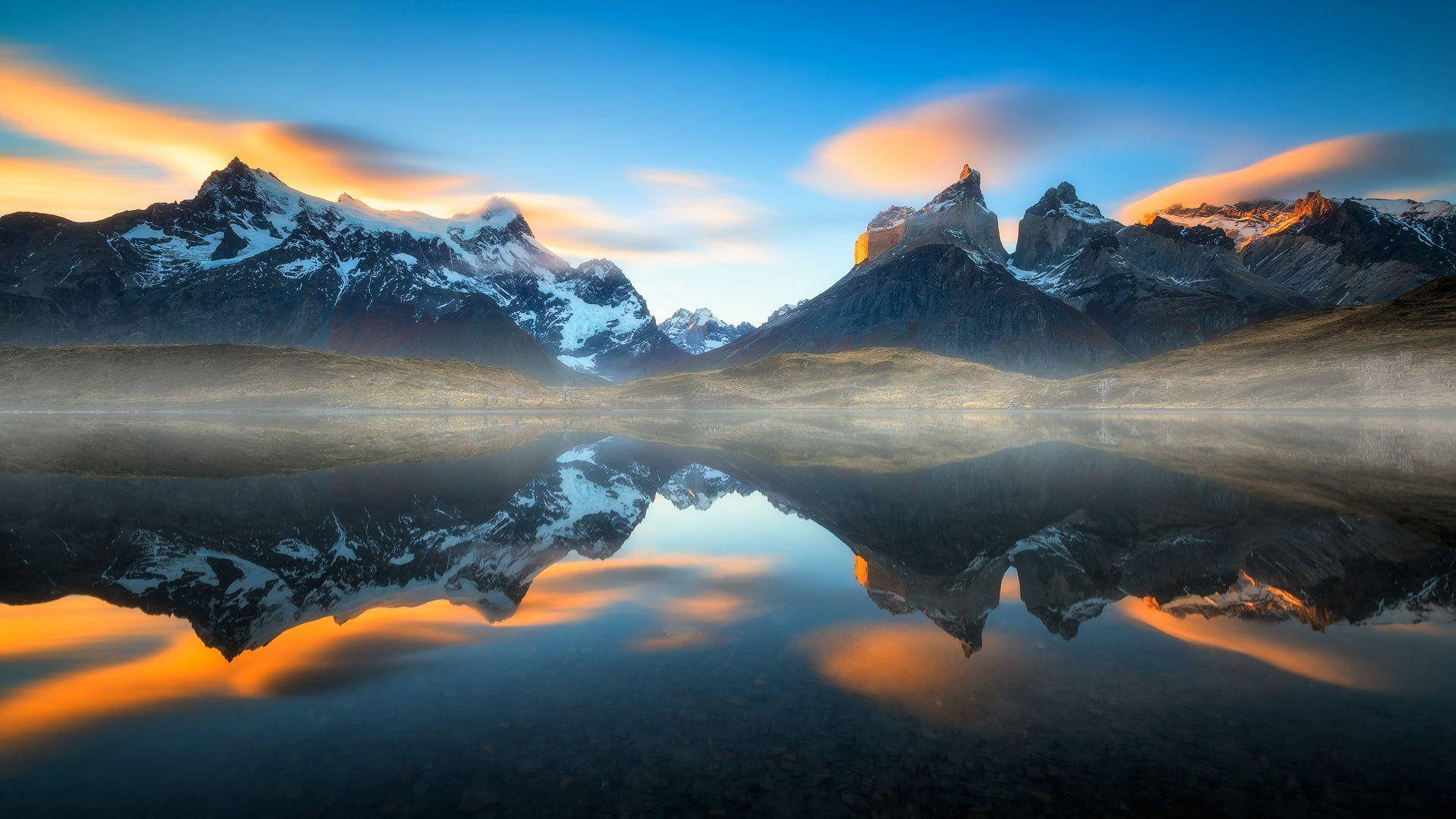 Patagonia, optical illusion lake, snowcapped mountains, Full HD Desktop Wallpaper