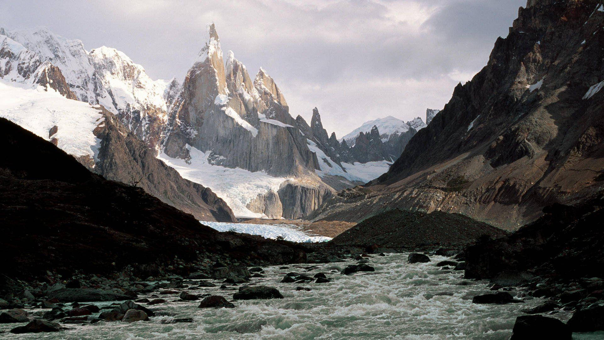 Patagonia, rushing river, rugged valley, Full HD Desktop Wallpaper