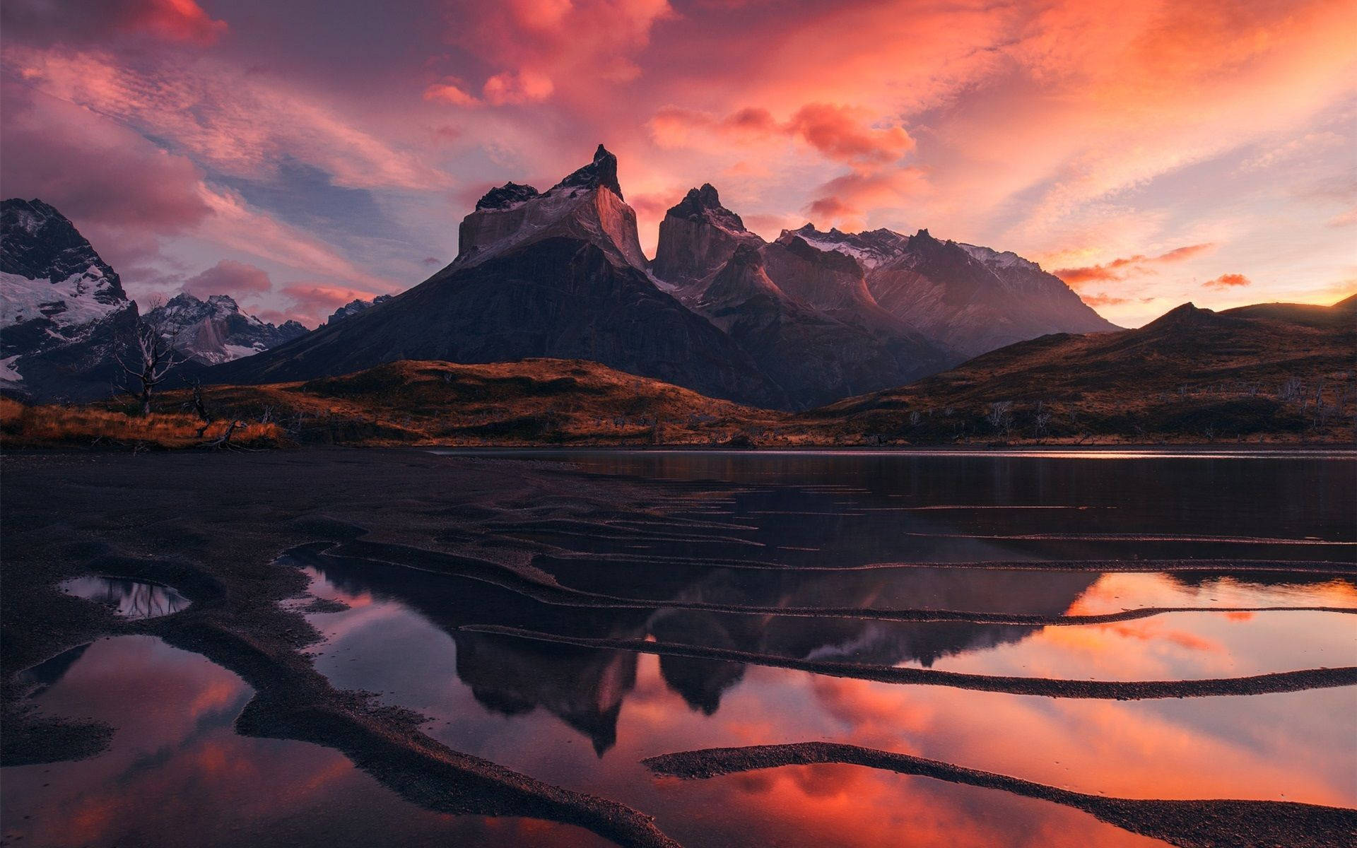 Patagonia, burning orange skies, snow-capped peaks, Full HD Desktop Wallpaper