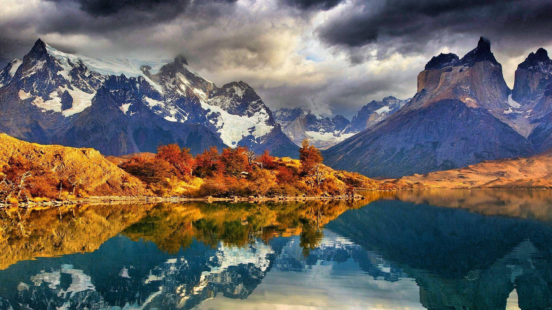 Patagonia, snowcapped mountains, calm lake, Full HD Desktop Wallpaper