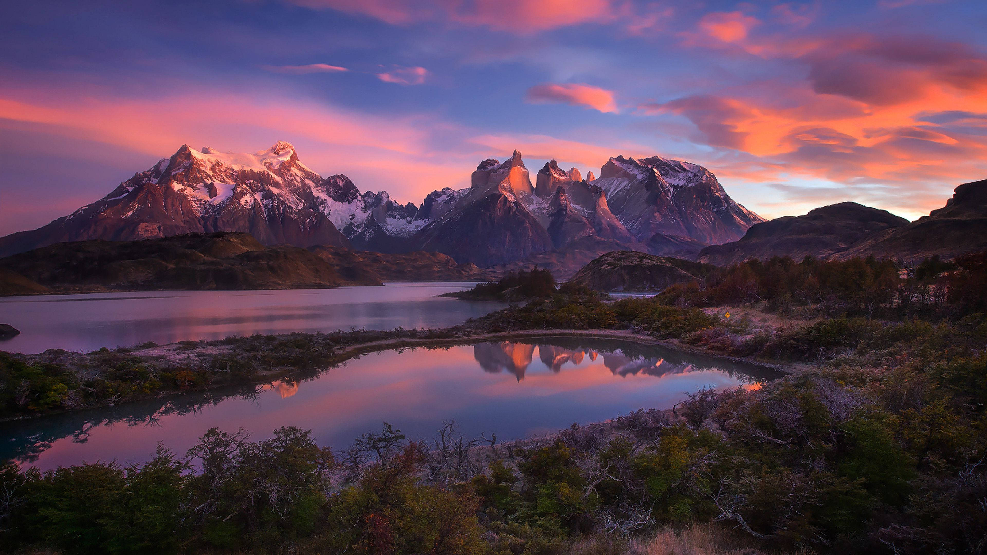Patagonia, snowcapped mountains, calm lake, 4K Desktop Wallpaper