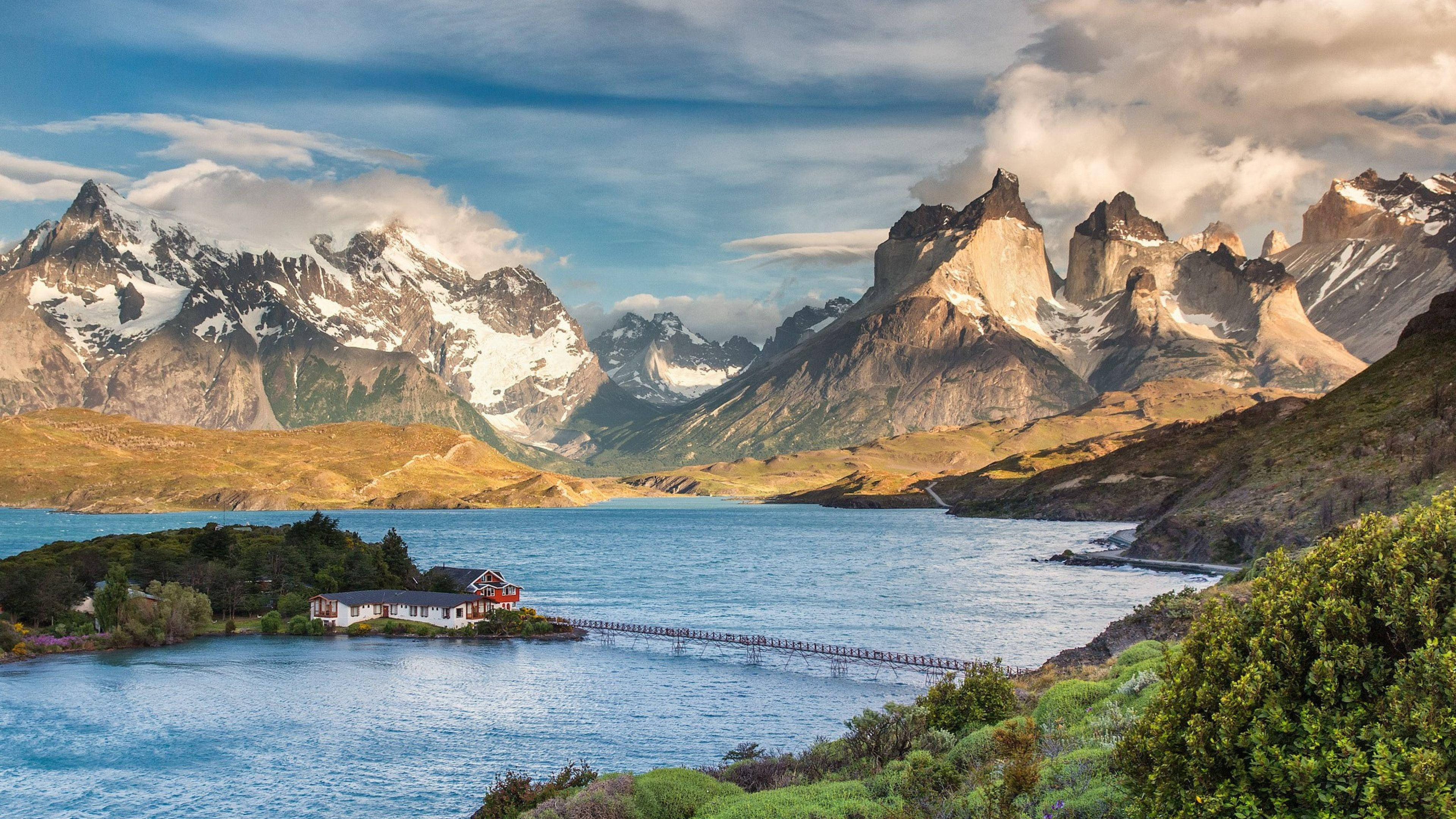 Patagonia, huge lake, red-roofed cabin, 4K Desktop Wallpaper