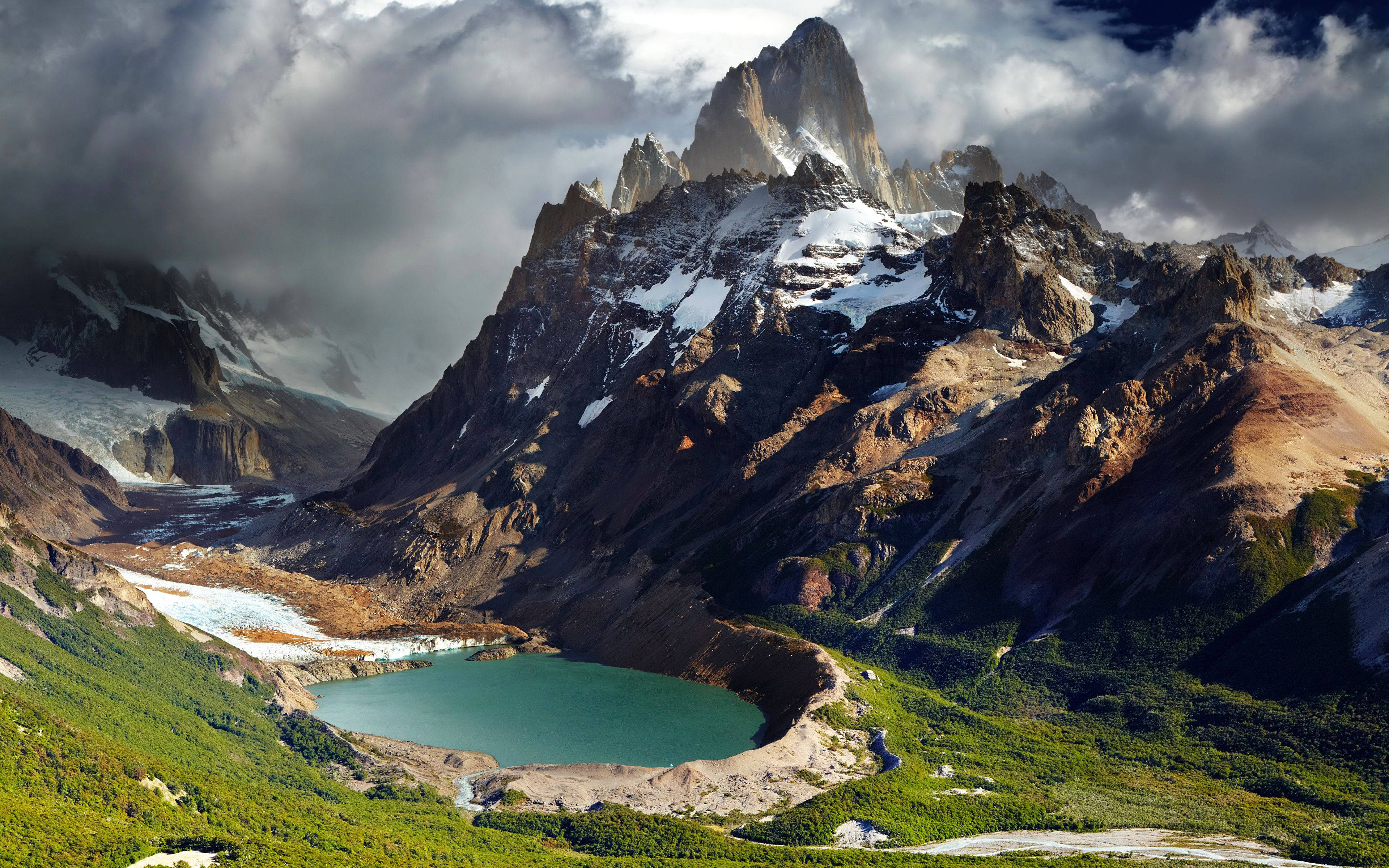 Patagonia, turquoise glacial lake, snow-capped ridges, 4K Desktop Wallpaper