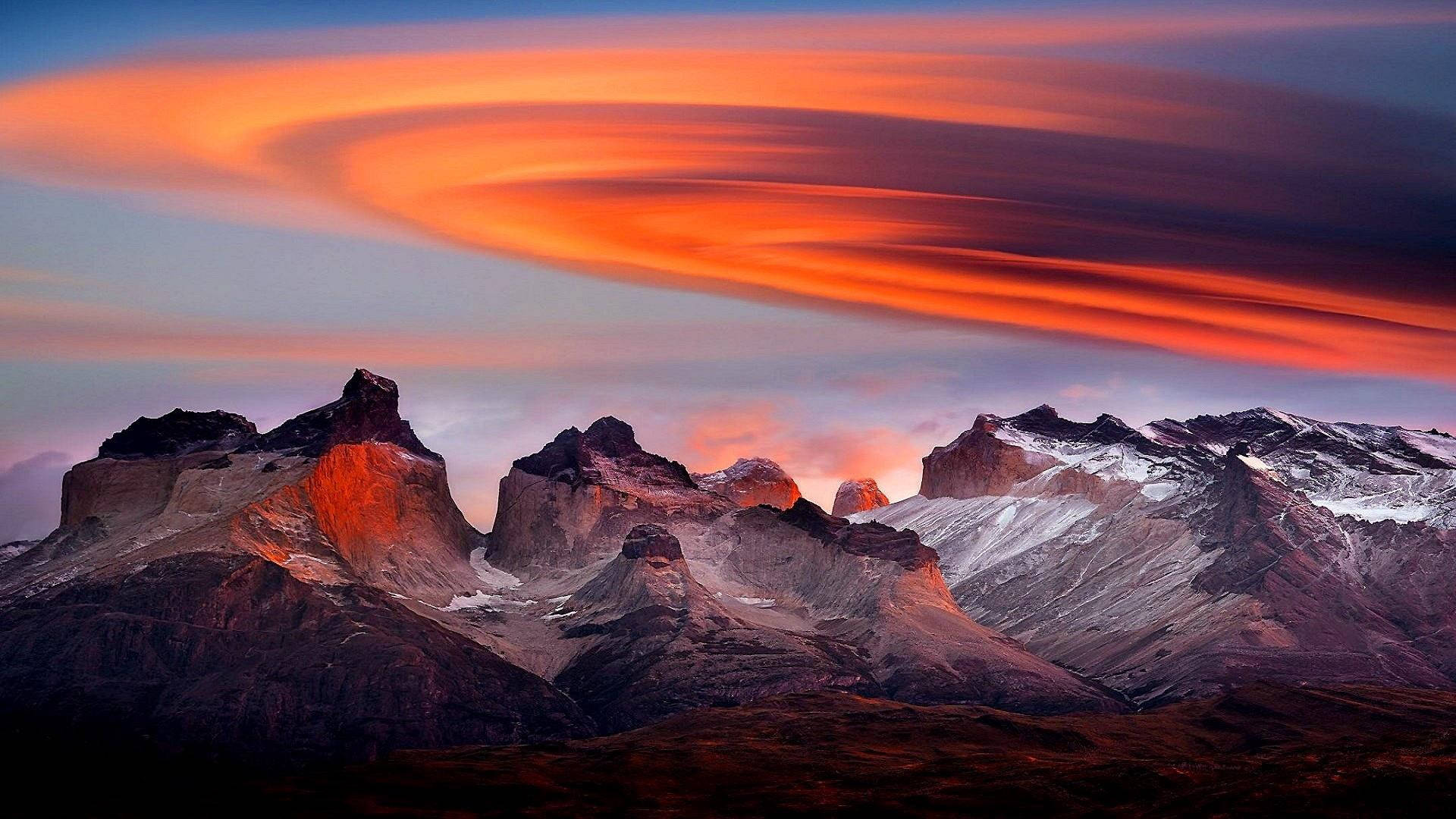 Patagonia, distinct mountain peak, fiery sunset hues, Full HD Desktop Wallpaper