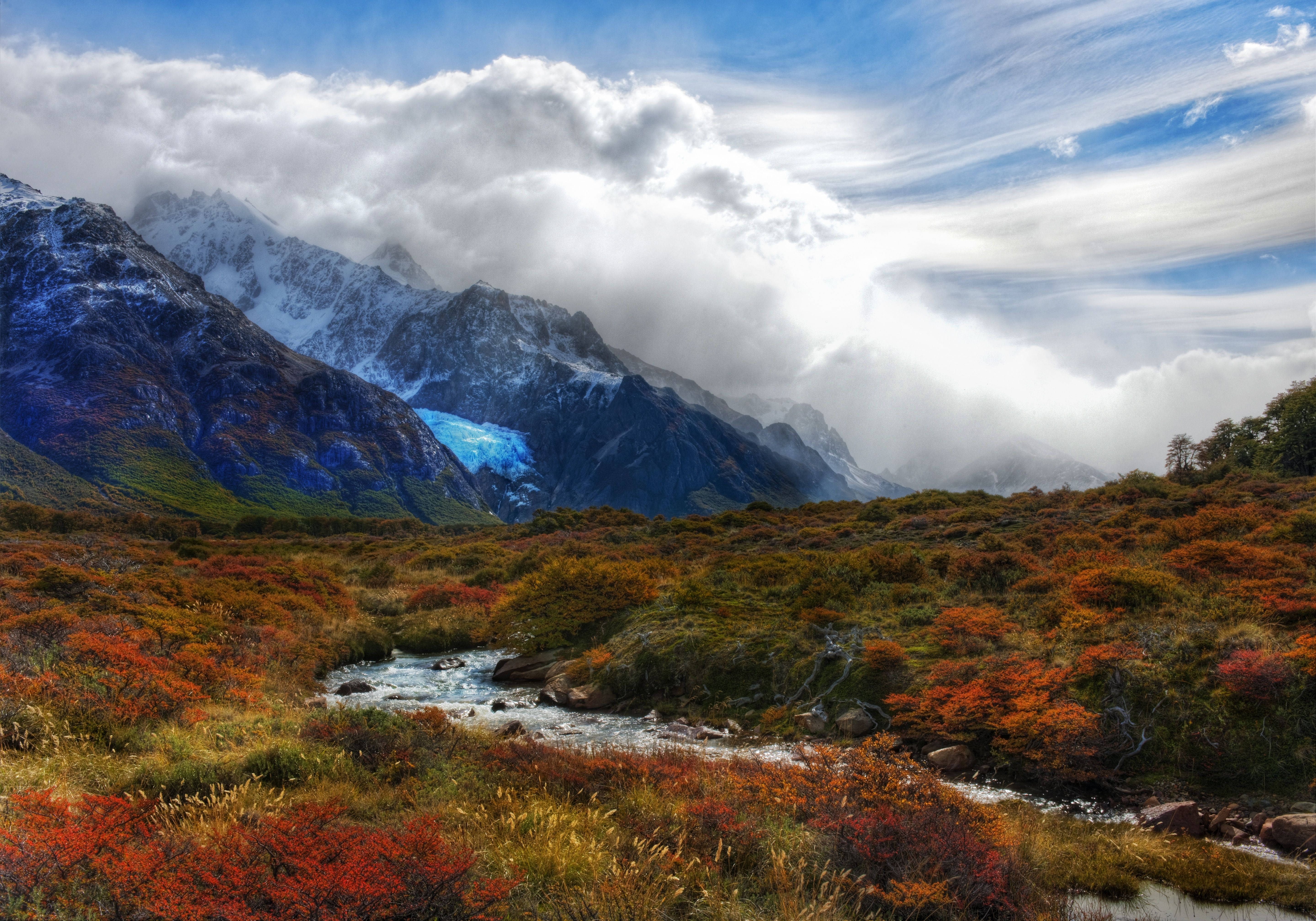 Patagonia, autumn valley, fiery red and orange shrubs, 5K Desktop Wallpaper