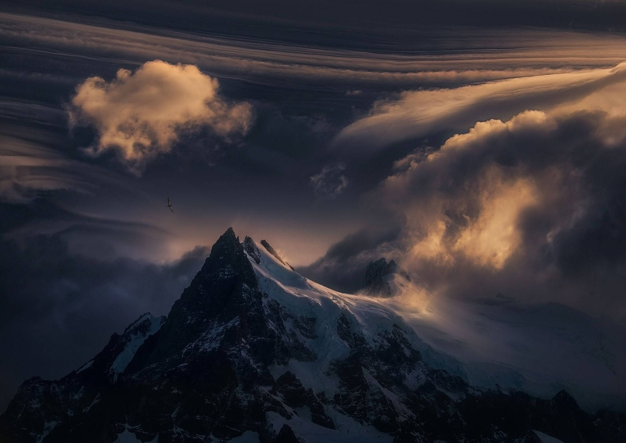 Patagonia, snowcapped mountain peak, dramatic clouds, Full HD Desktop Wallpaper