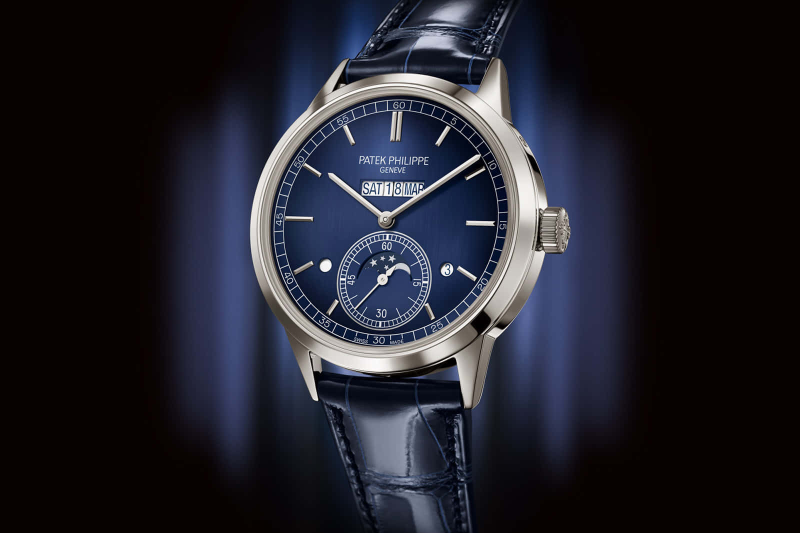 Patek Philippe, blue dial, leather strap, HD Desktop Wallpaper