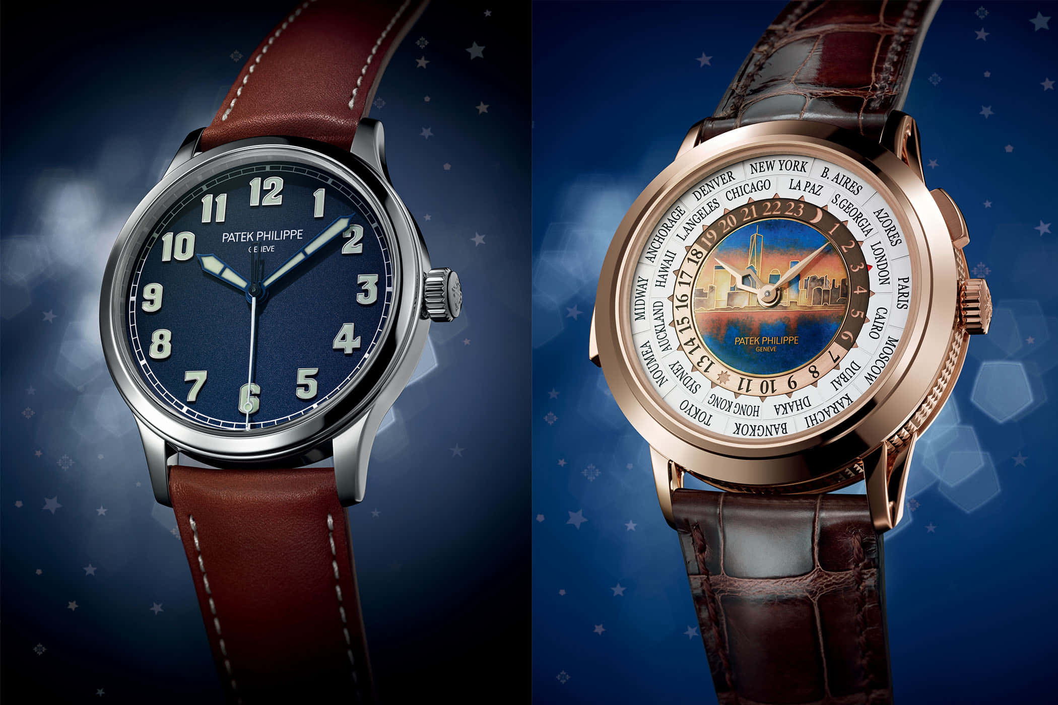 Patek Philippe, brown leather straps, starry blue background, Full HD Desktop Wallpaper