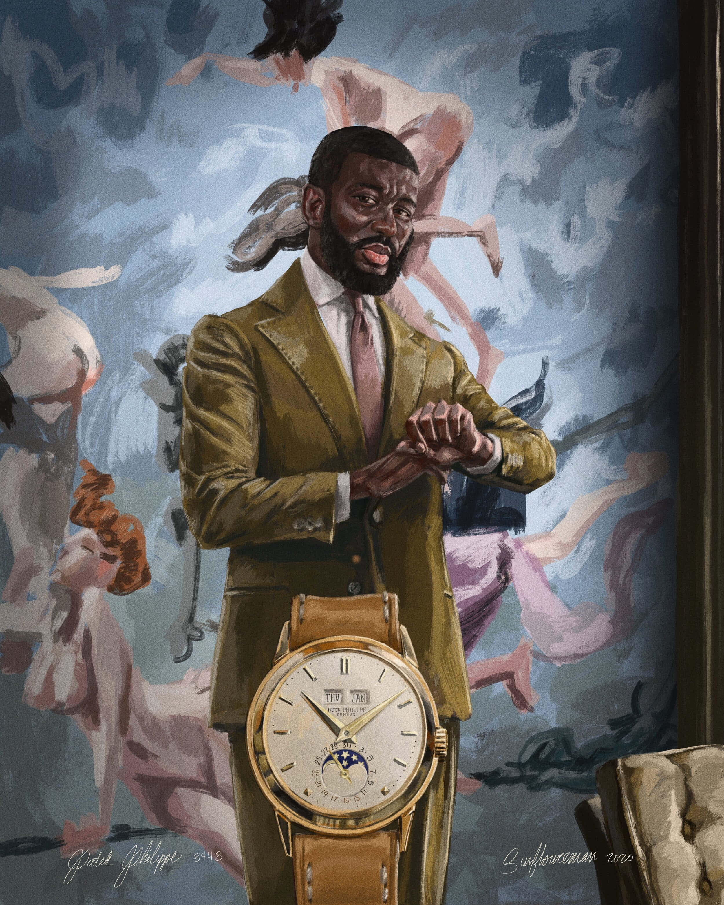 Patek Philippe 3448, gold suit, floating figures, 2K Phone Wallpaper