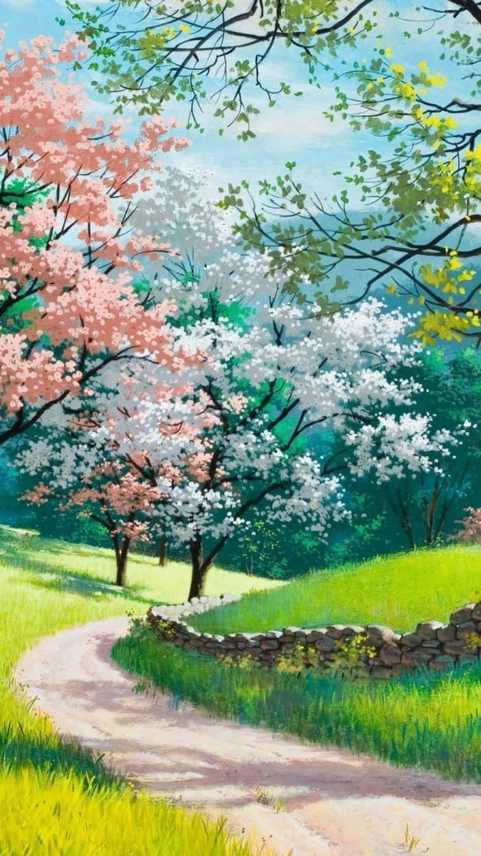 Tree Phone, pink and white cherry blossom trees, vibrant spring meadow, SD Phone Wallpaper