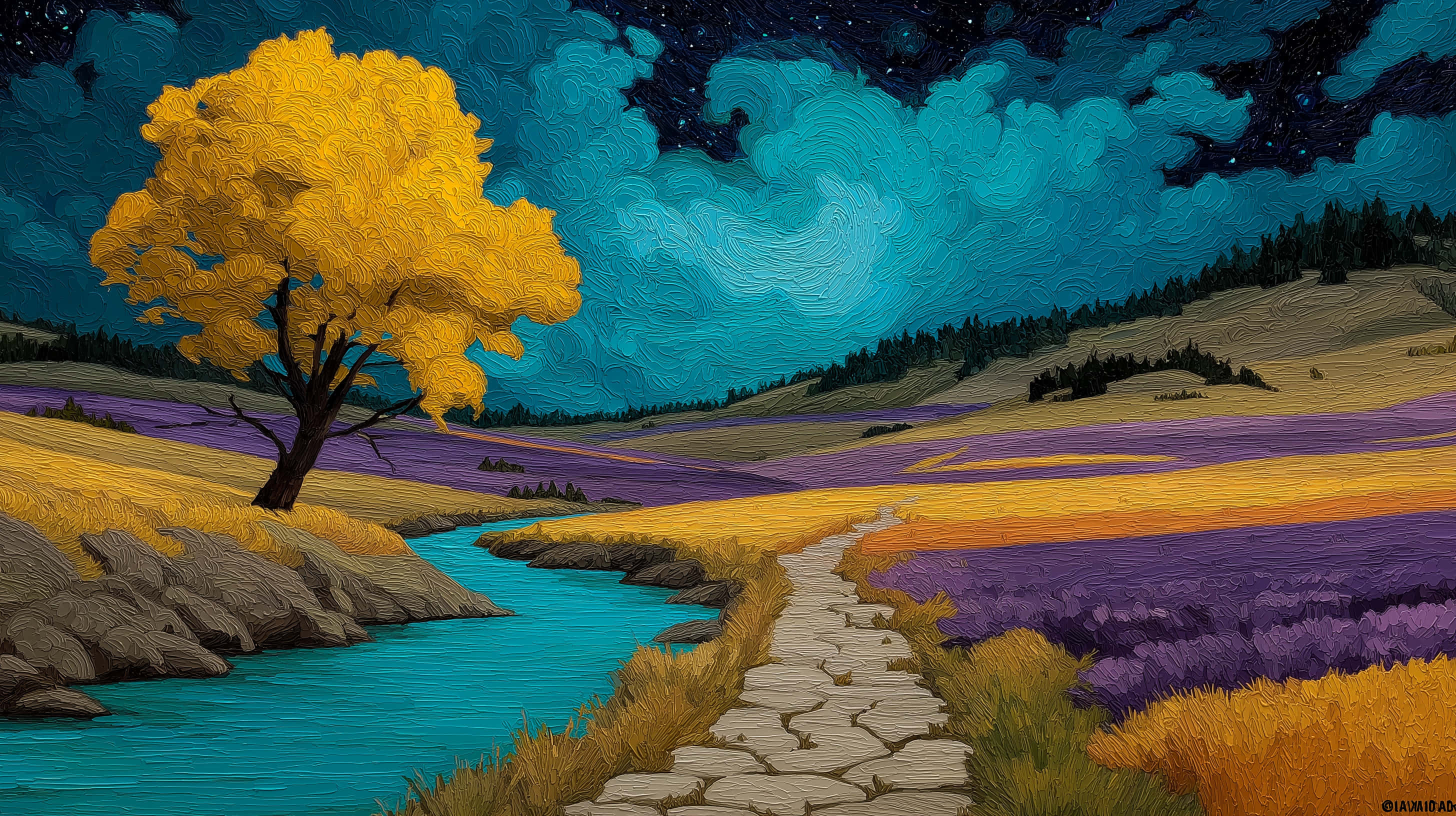 whimsical starry night landscape, vivid yellow tree, turquoise river, 2K Desktop Wallpaper