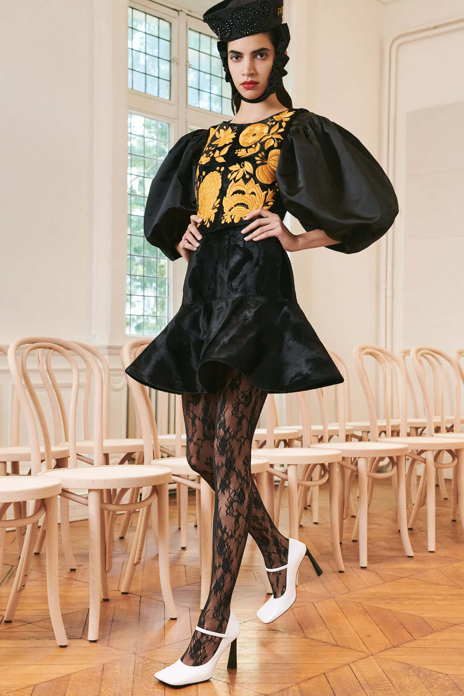 Patou, gold embroidered bustier, black velvet dress, Full HD Phone Wallpaper