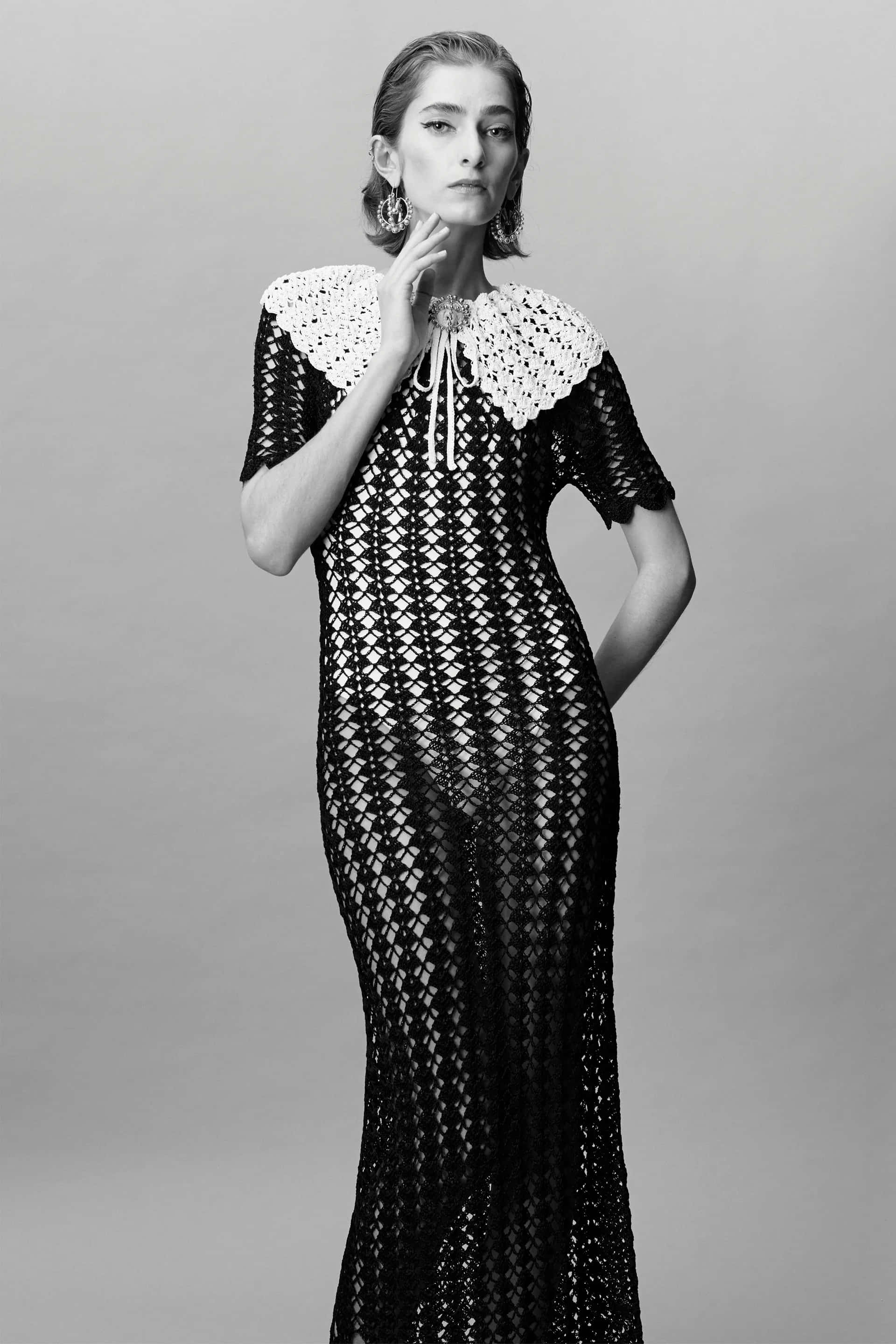 Patou, crochet dress, black and white crocheted gown, 2K Phone Wallpaper