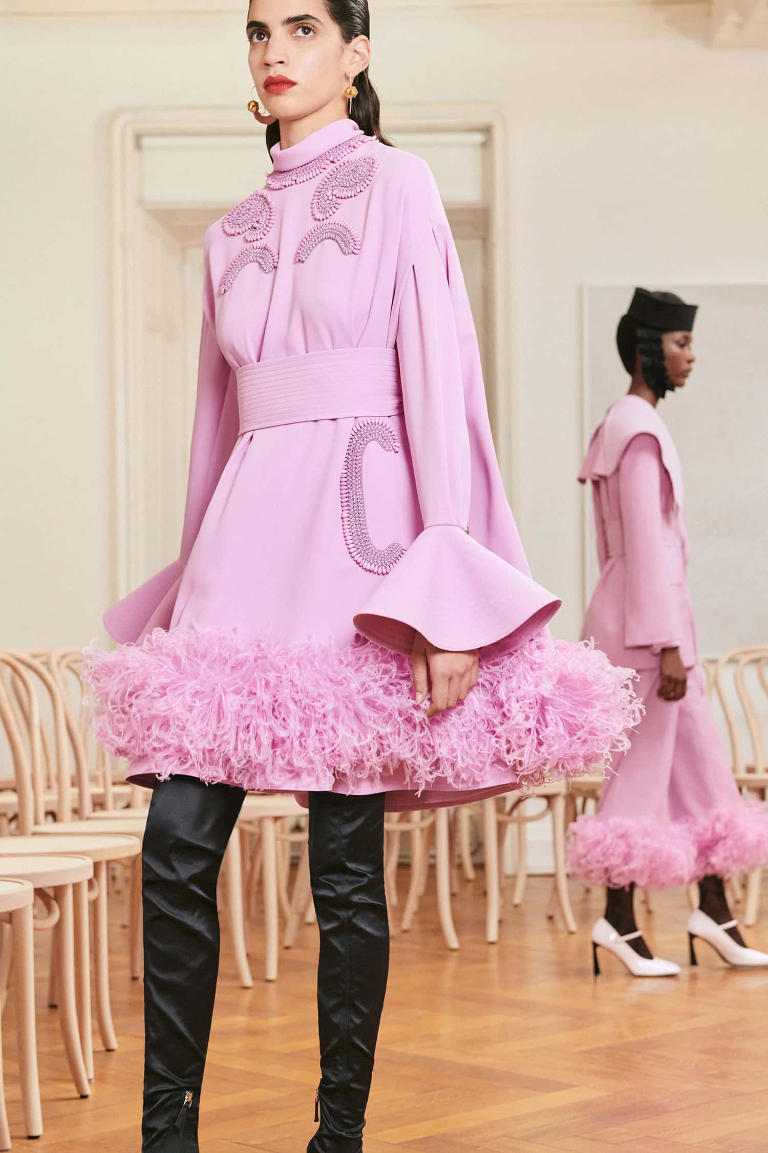 Patou, pink feather cape dress, feathered hem, Full HD Phone Wallpaper