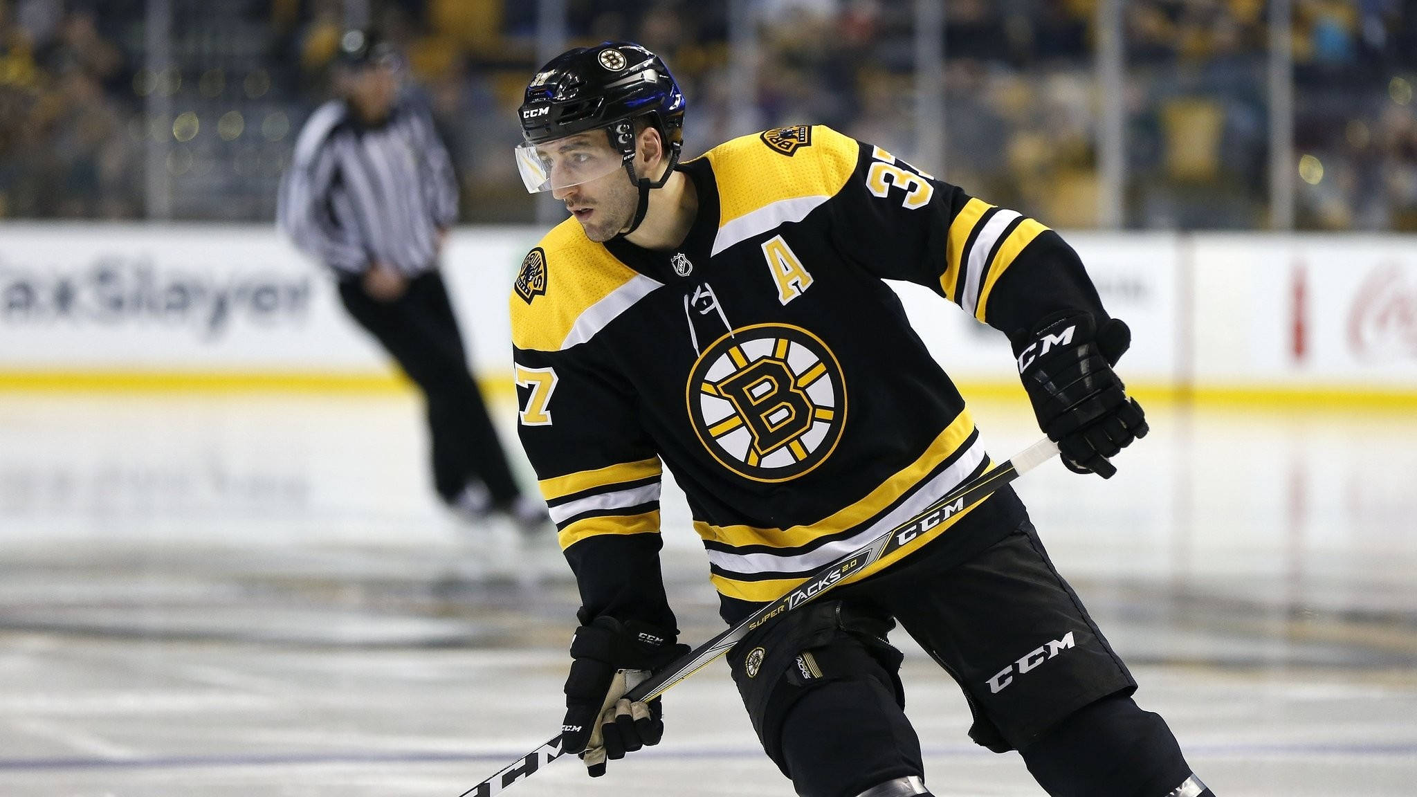 Patrice Bergeron, black and gold uniform, ice hockey game, Full HD Desktop Wallpaper
