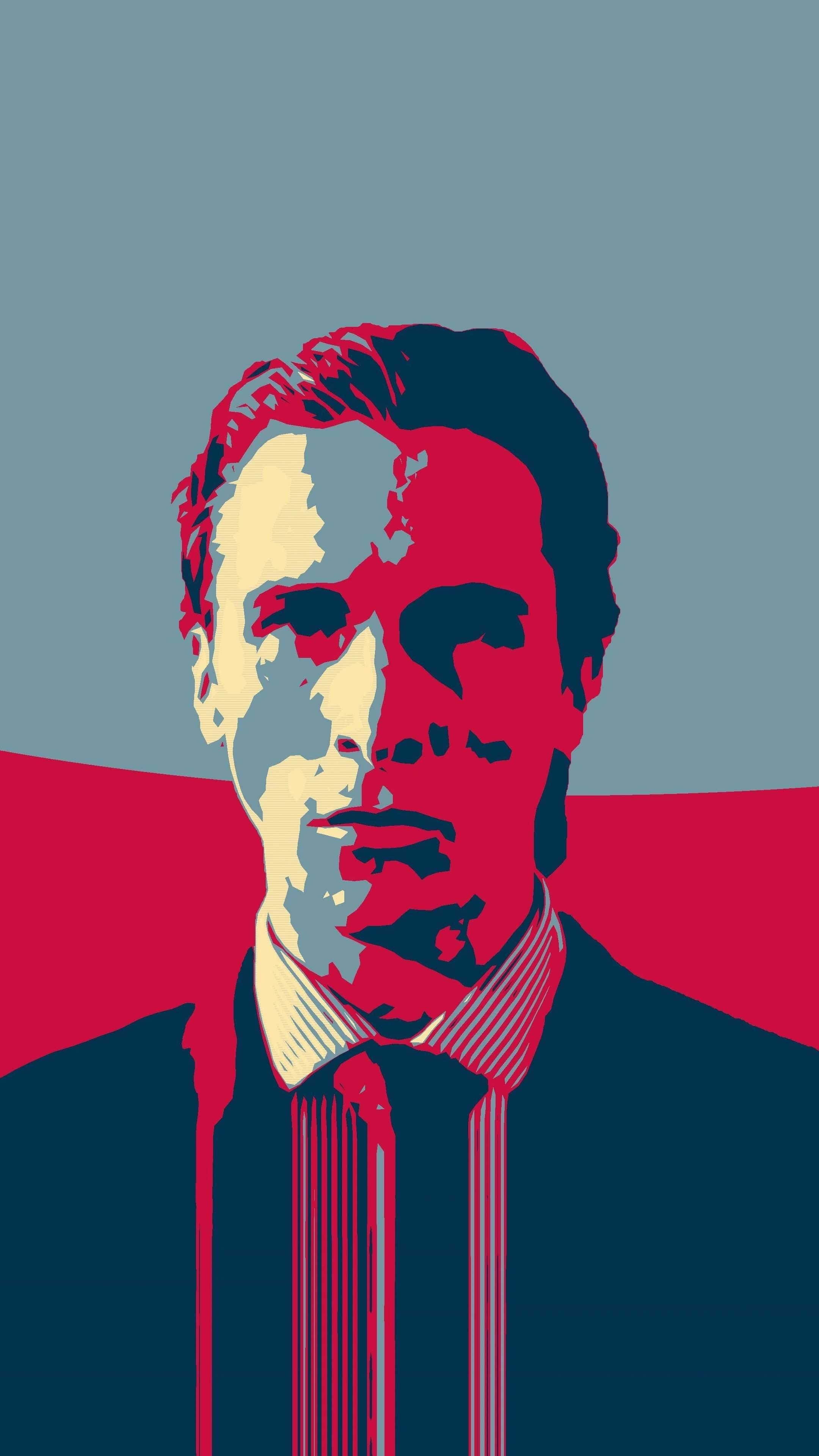 Patrick Bateman, red and blue tones, suit, 4K Phone Wallpaper
