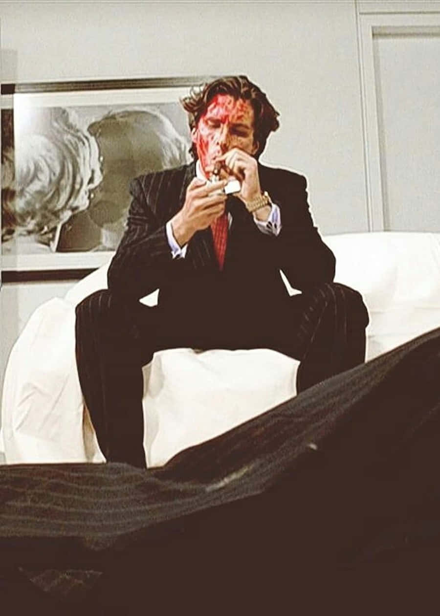 Patrick Bateman, suit, white couch, SD Phone Wallpaper