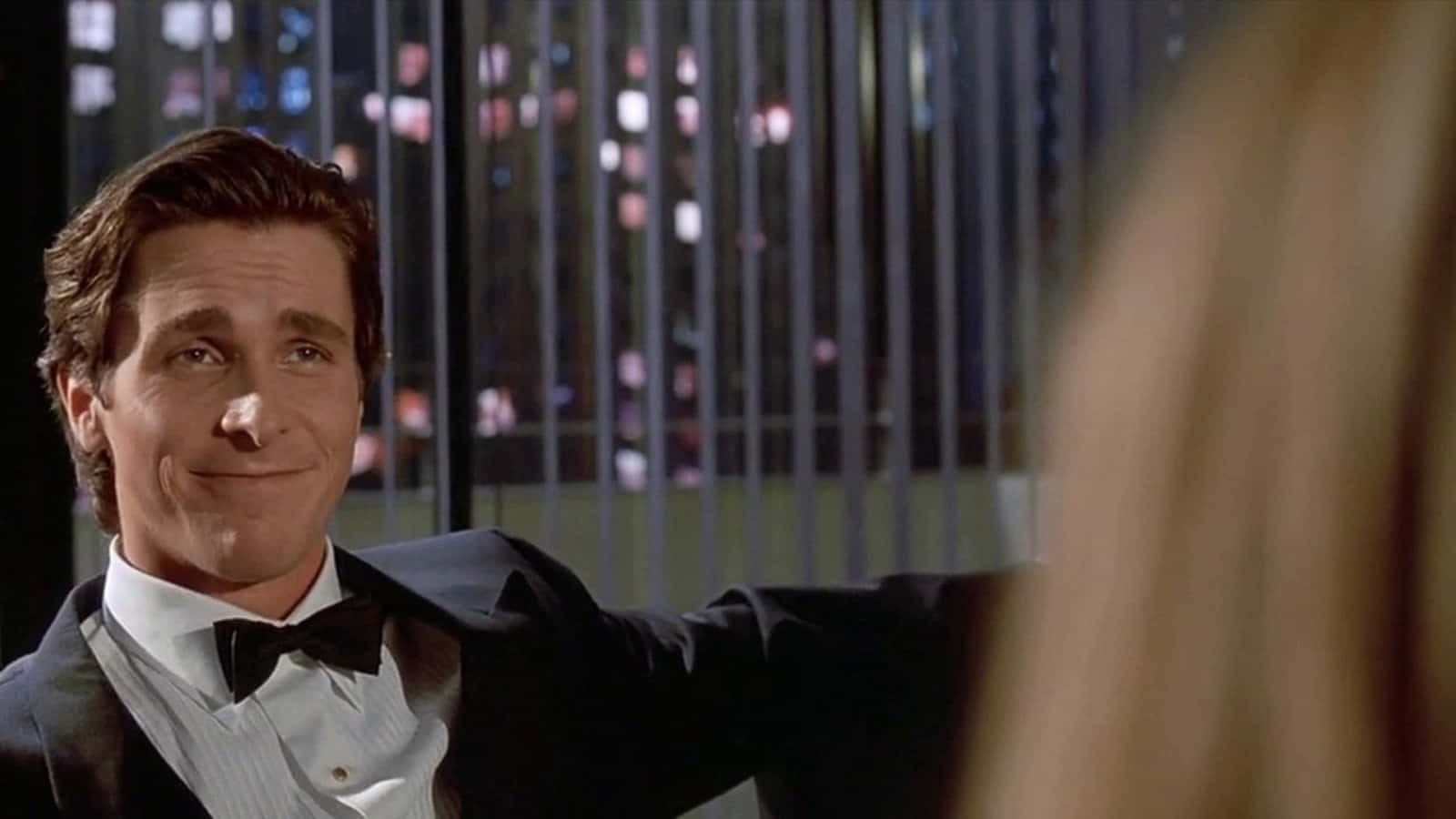 Patrick Bateman, tuxedo, city lights, HD Desktop Wallpaper