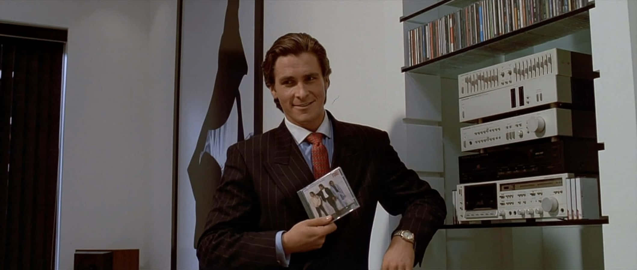 Patrick Bateman, pinstripe suit, CD case, Full HD Desktop Wallpaper