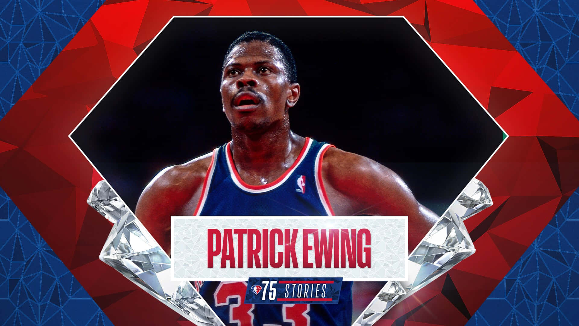 Patrick Ewing, blue jersey, red and blue geometric patterns, Full HD Desktop Wallpaper
