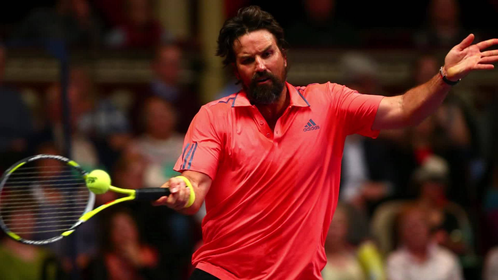 Patrick Rafter, red shirt, bright yellow racket, Full HD Desktop Wallpaper