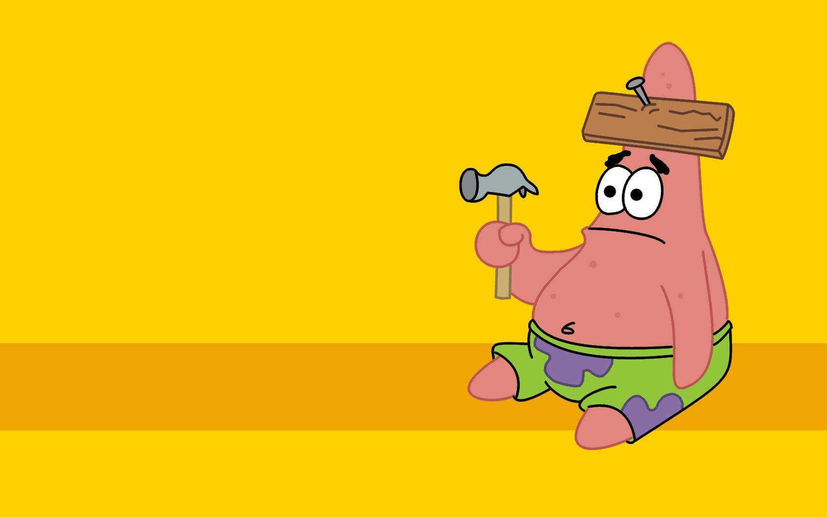 Patrick Star, hammer, wooden plank, HD Desktop Wallpaper
