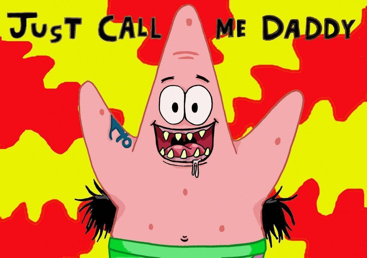 Patrick Star, red and yellow background, bold text, HD Desktop Wallpaper