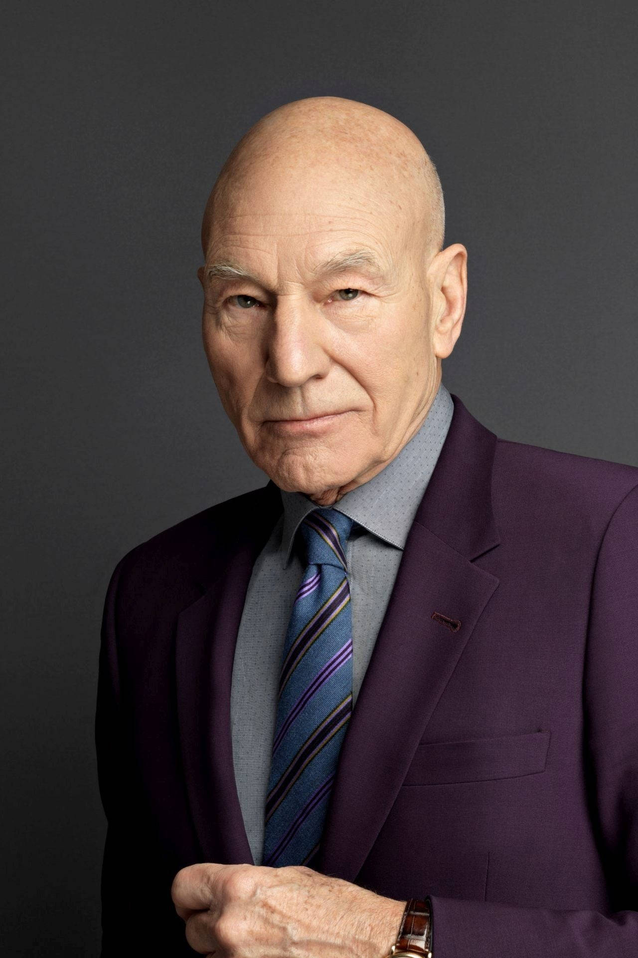Patrick Stewart, purple suit, striped tie, Full HD Phone Wallpaper