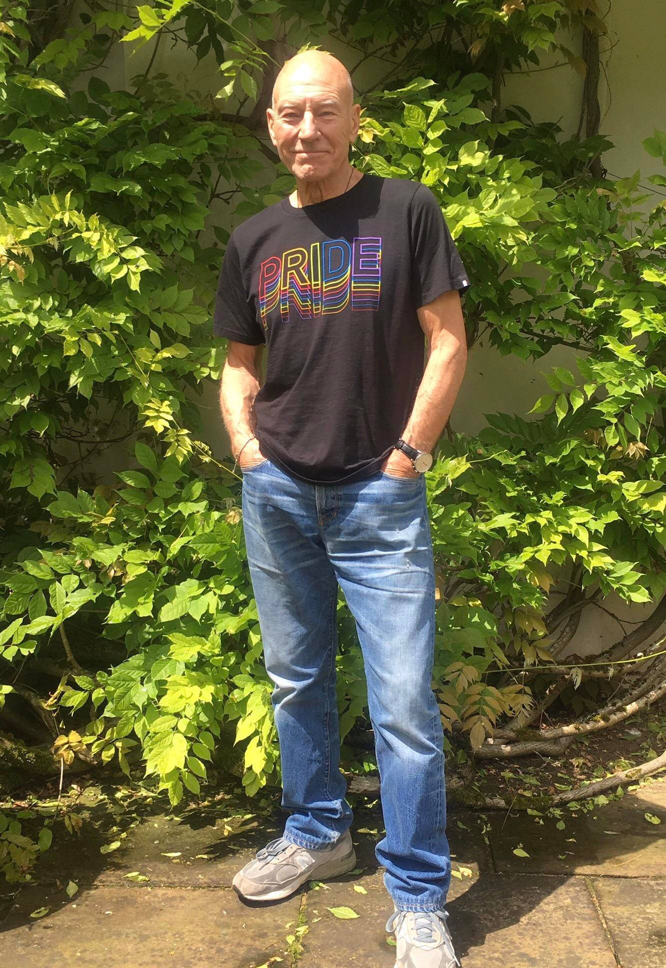 Patrick Stewart, rainbow pride tshirt, lush green leafy wall, Full HD Phone Wallpaper