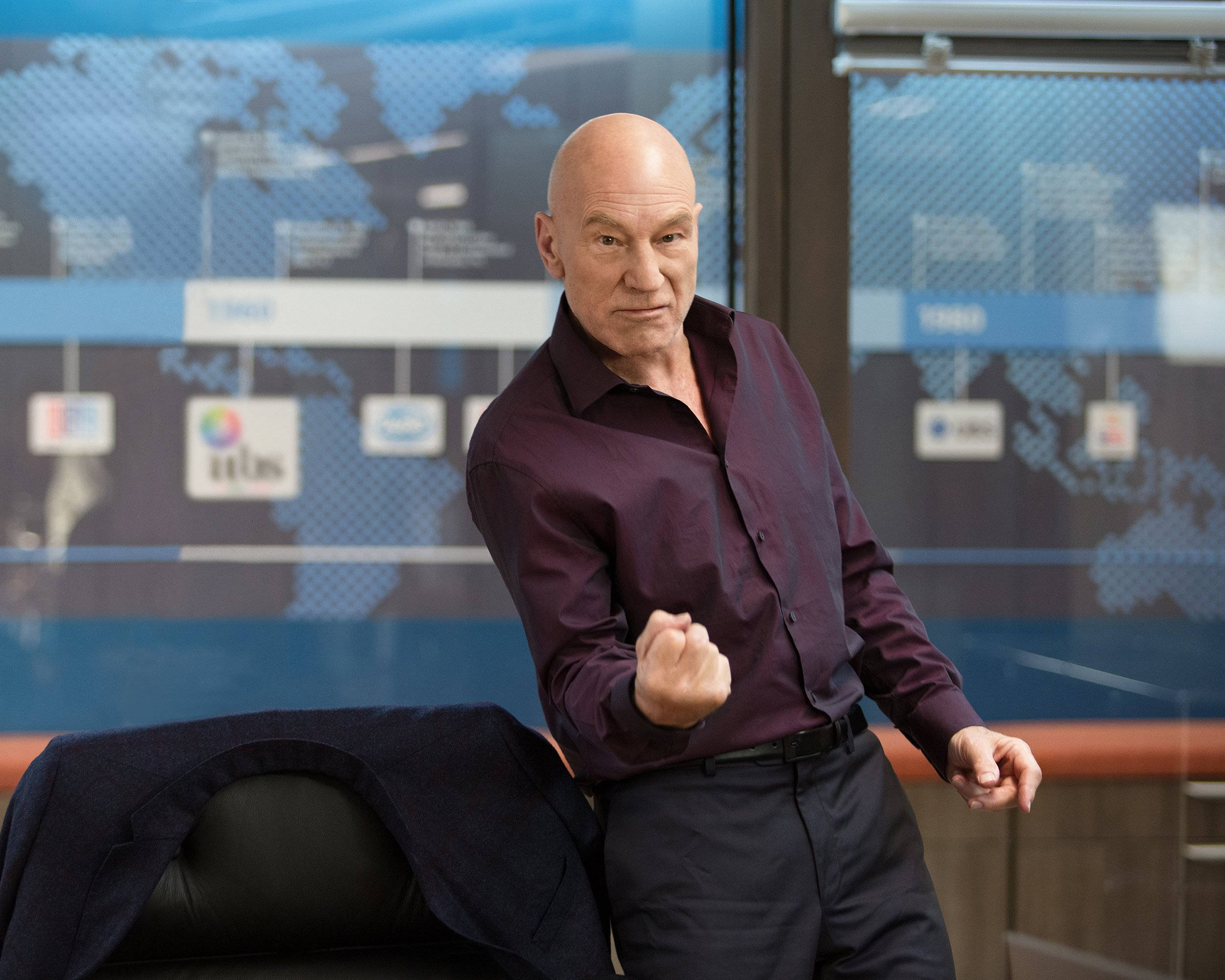 Patrick Stewart, maroon shirt, modern office, Full HD Desktop Wallpaper