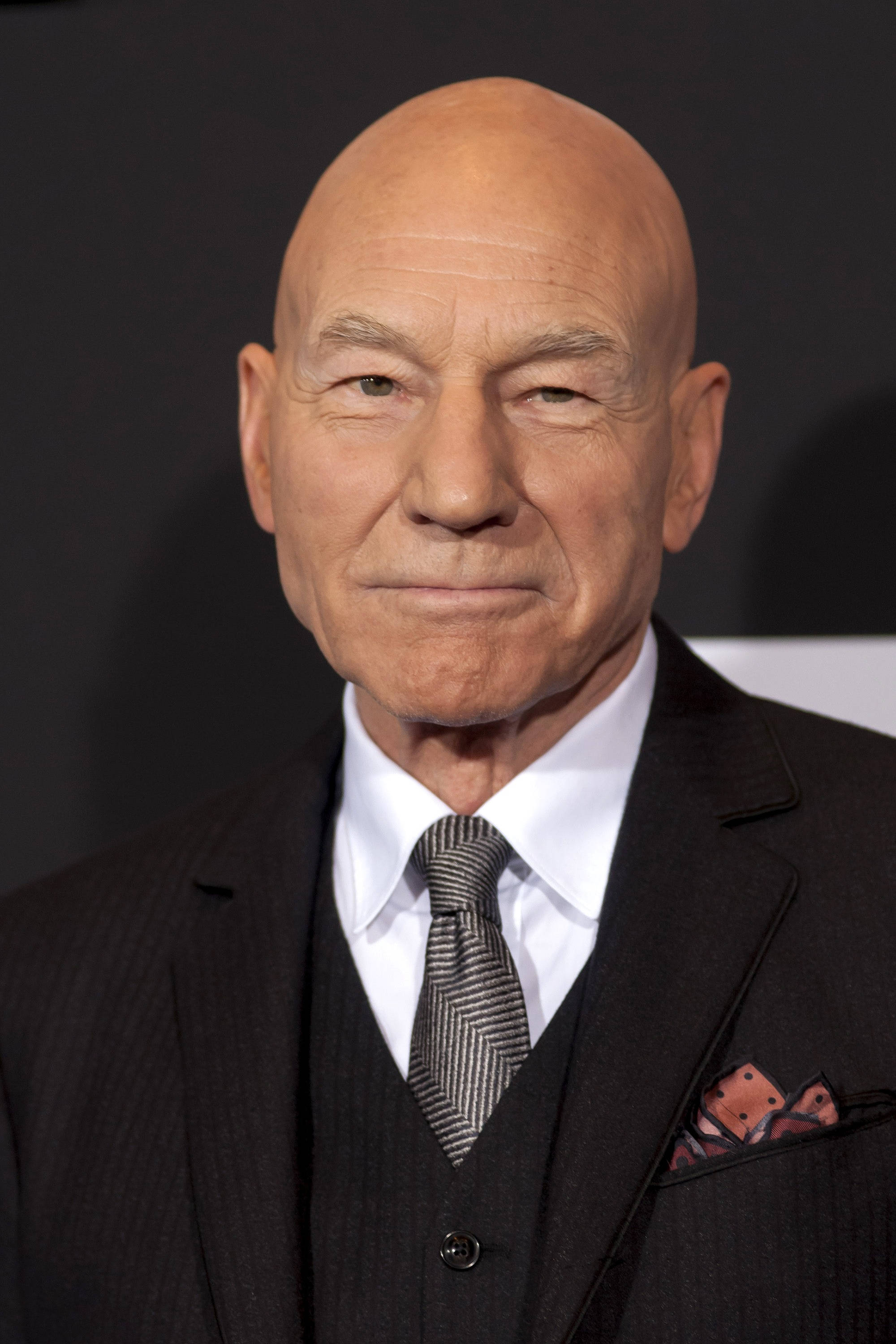 Patrick Stewart, bald man, dark pinstripe suit, 2K Phone Wallpaper