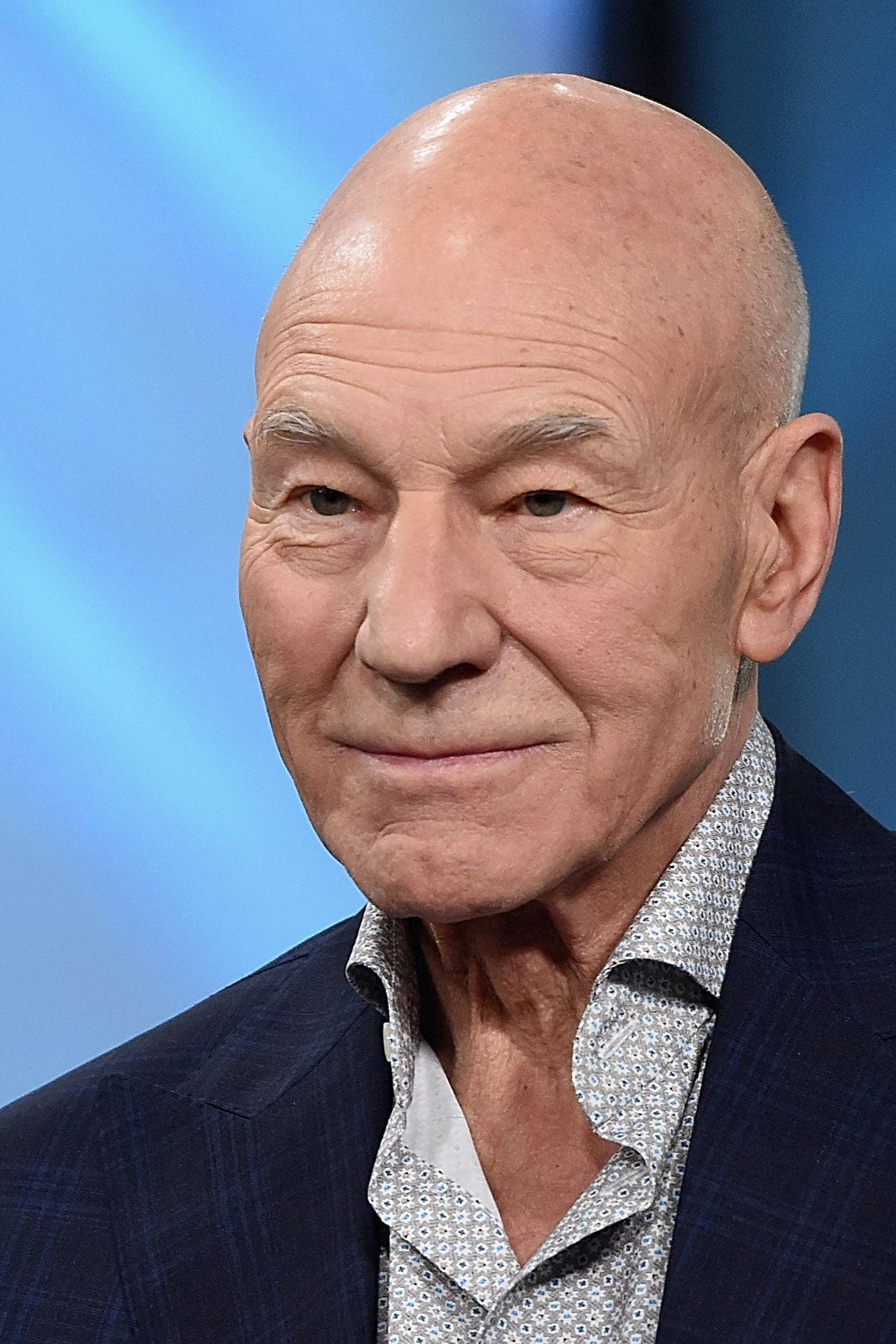 Patrick Stewart, English Actor, soft blue gradient background, Full HD Phone Wallpaper