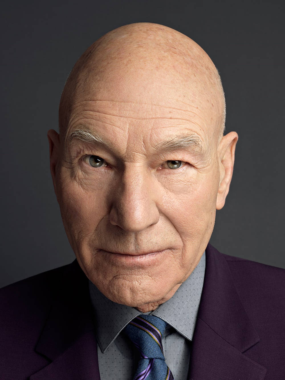 Patrick Stewart, purple suit, striped tie, HD Phone Wallpaper