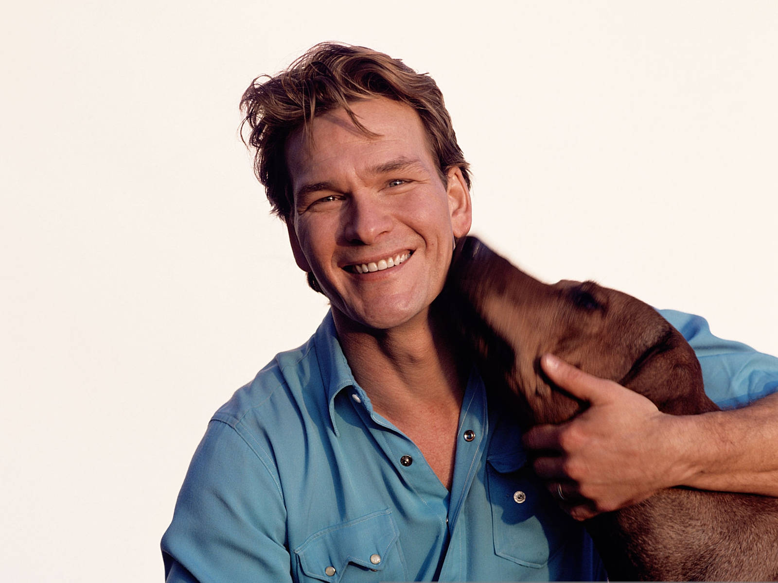 Patrick Swayze, blue shirt, brown dog, HD Desktop Wallpaper