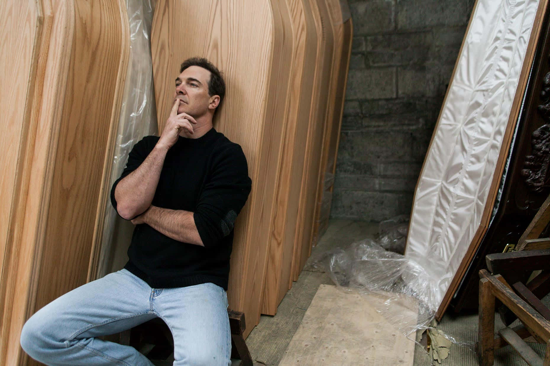 Patrick Warburton, black sweater, tall wooden panels, HD Desktop Wallpaper