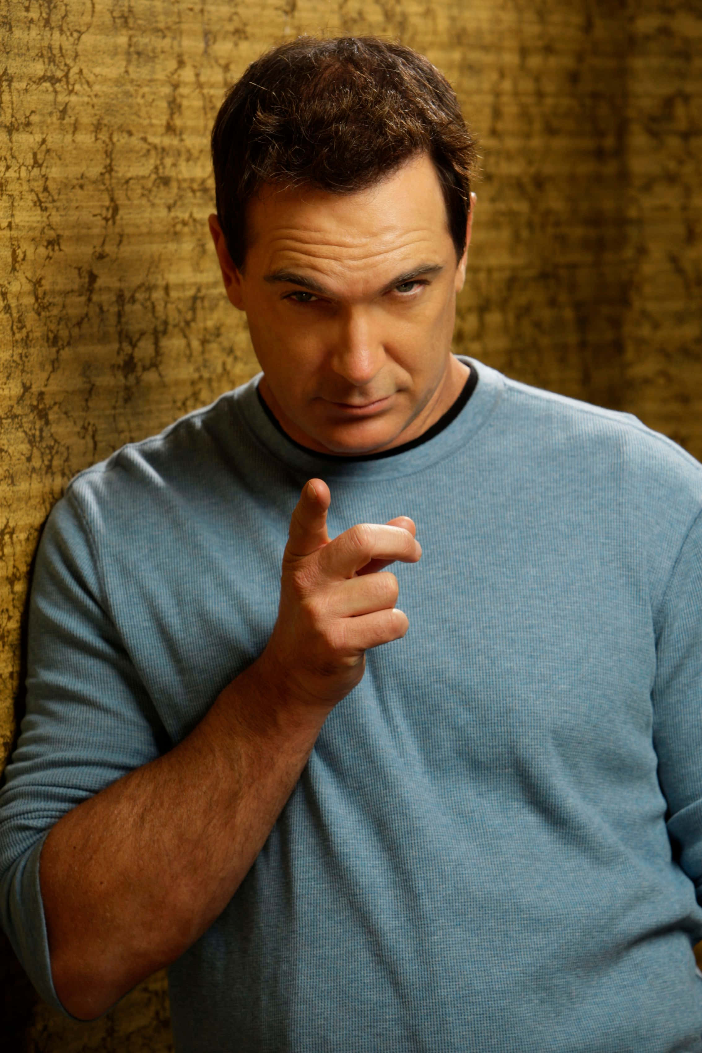Patrick Warburton, blue sweater, textured golden wall, 2K Phone Wallpaper