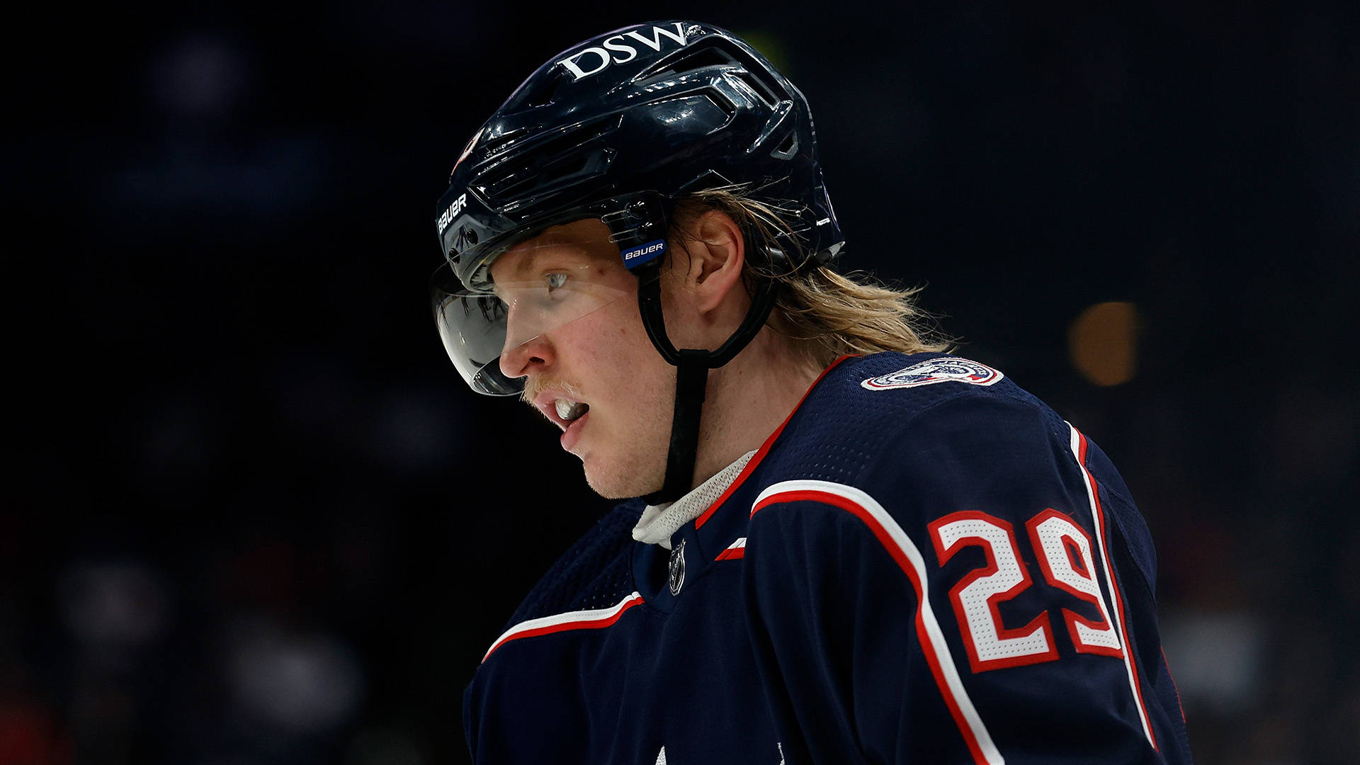 Patrik Laine, ice hockey winger, dark blue jersey, Full HD Desktop Wallpaper